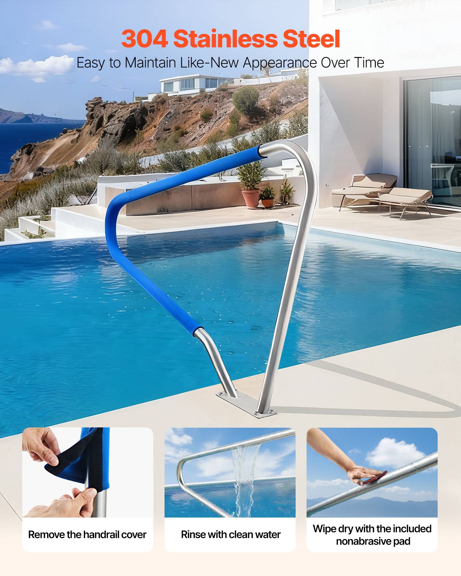 Vevor - VEVOR Rampe piscine 122x91,5 cm, main courante acier inox 304, charge 100 kg, housse antidérapante, montage sol, kit complet d’installation. - Image 3