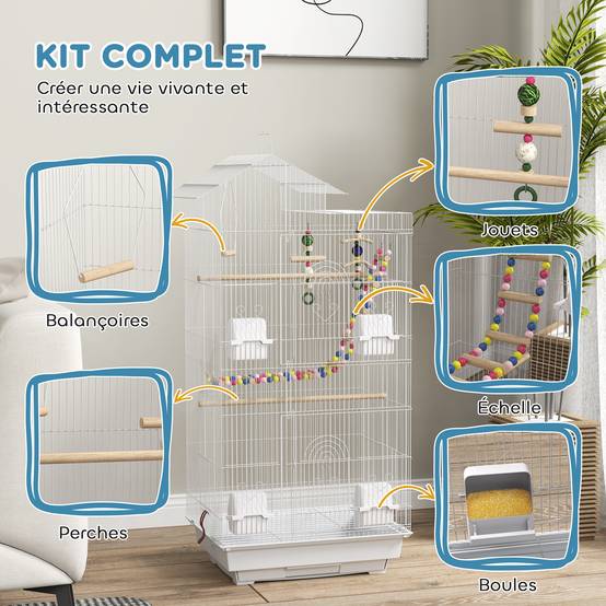 Cage oiseaux acier perruche canari multi-portes jouets inclus 46x36x100cm blanc - ComfortXL Outdoor Living - Image 6