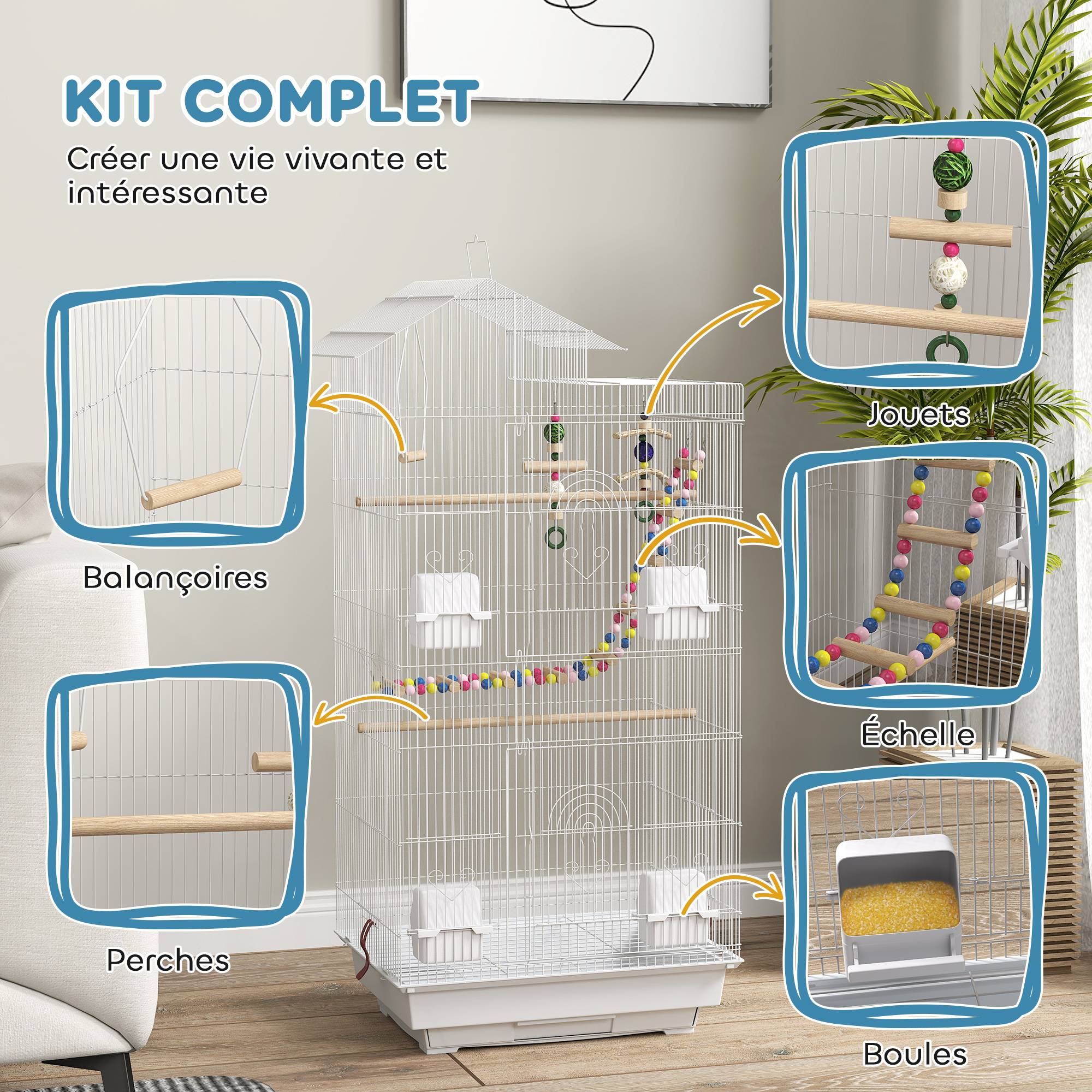 Cage oiseaux acier perruche canari multi-portes jouets inclus 46x36x100cm blanc - ComfortXL Outdoor Living - Image 6
