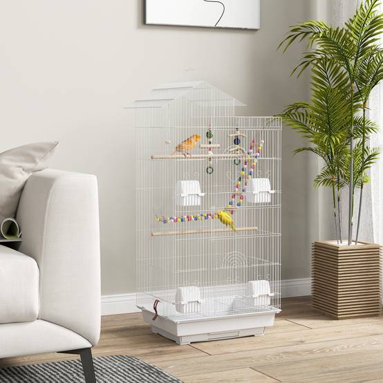 Cage oiseaux acier perruche canari multi-portes jouets inclus 46x36x100cm blanc - ComfortXL Outdoor Living - Image 3
