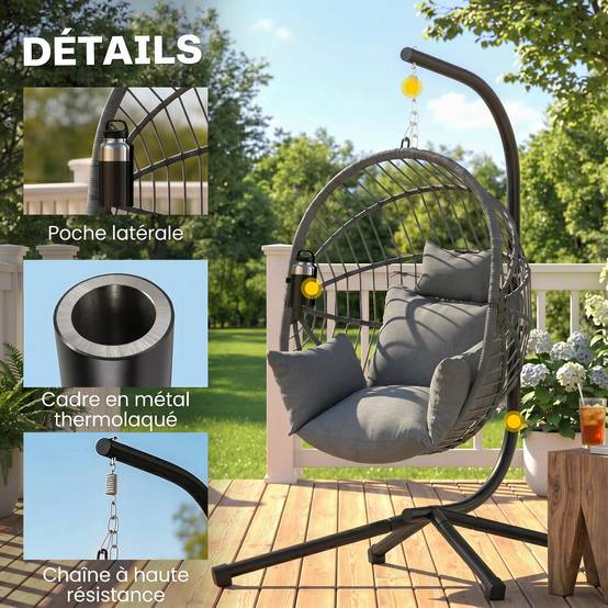 Fauteuil œuf suspendu acier gris 115 x 106 x 188 cm - PANGIVO - Image 9