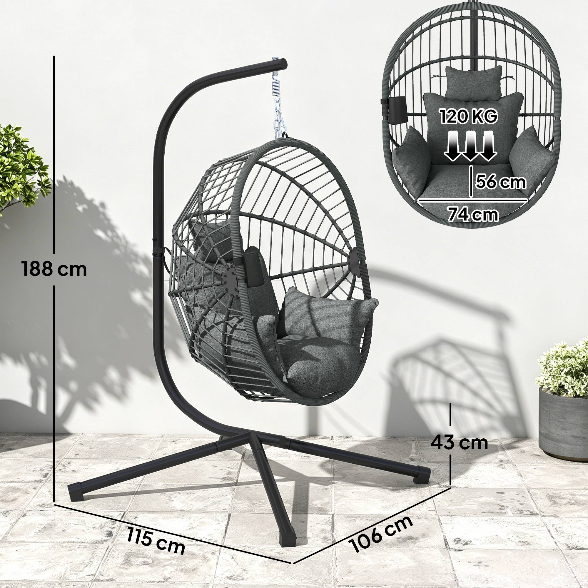 Fauteuil œuf suspendu acier gris 115 x 106 x 188 cm - PANGIVO - Image 5