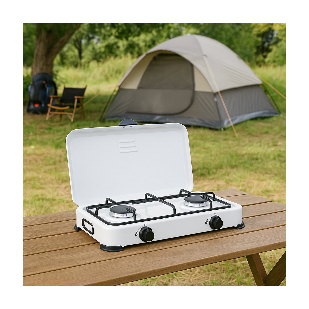 Réchaud à gaz 2 feux 3200W Brûleurs fonte amovibles Couvercle Plaque de cuisson Gaz Butane ou Propane GOLD - Imagen 7