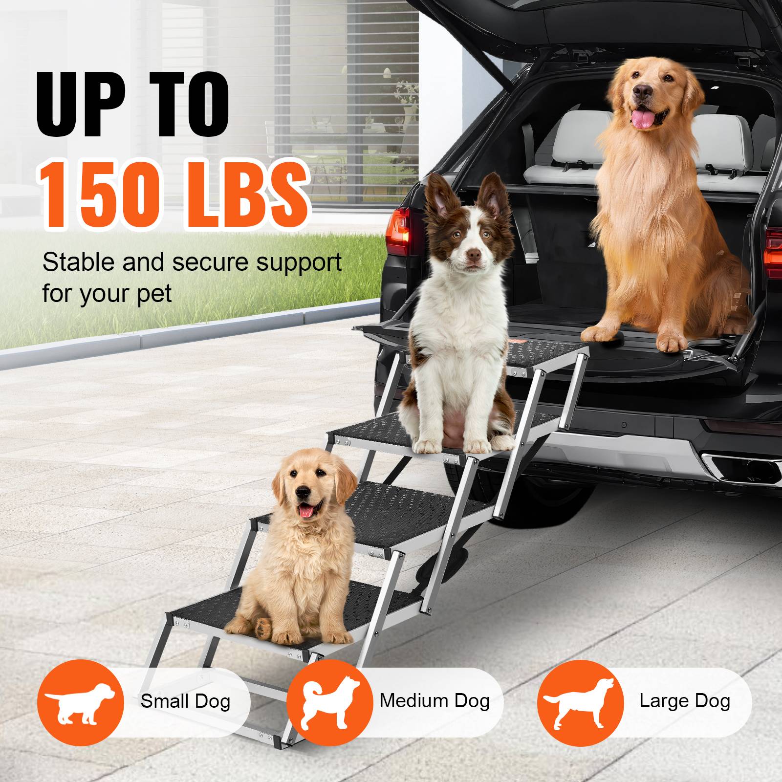 VEVOR Escalier animaux véhicule, 4 marches, alu pliable. Antidérapant, charge 150 lb. Pour SUV, camions. - Image 3