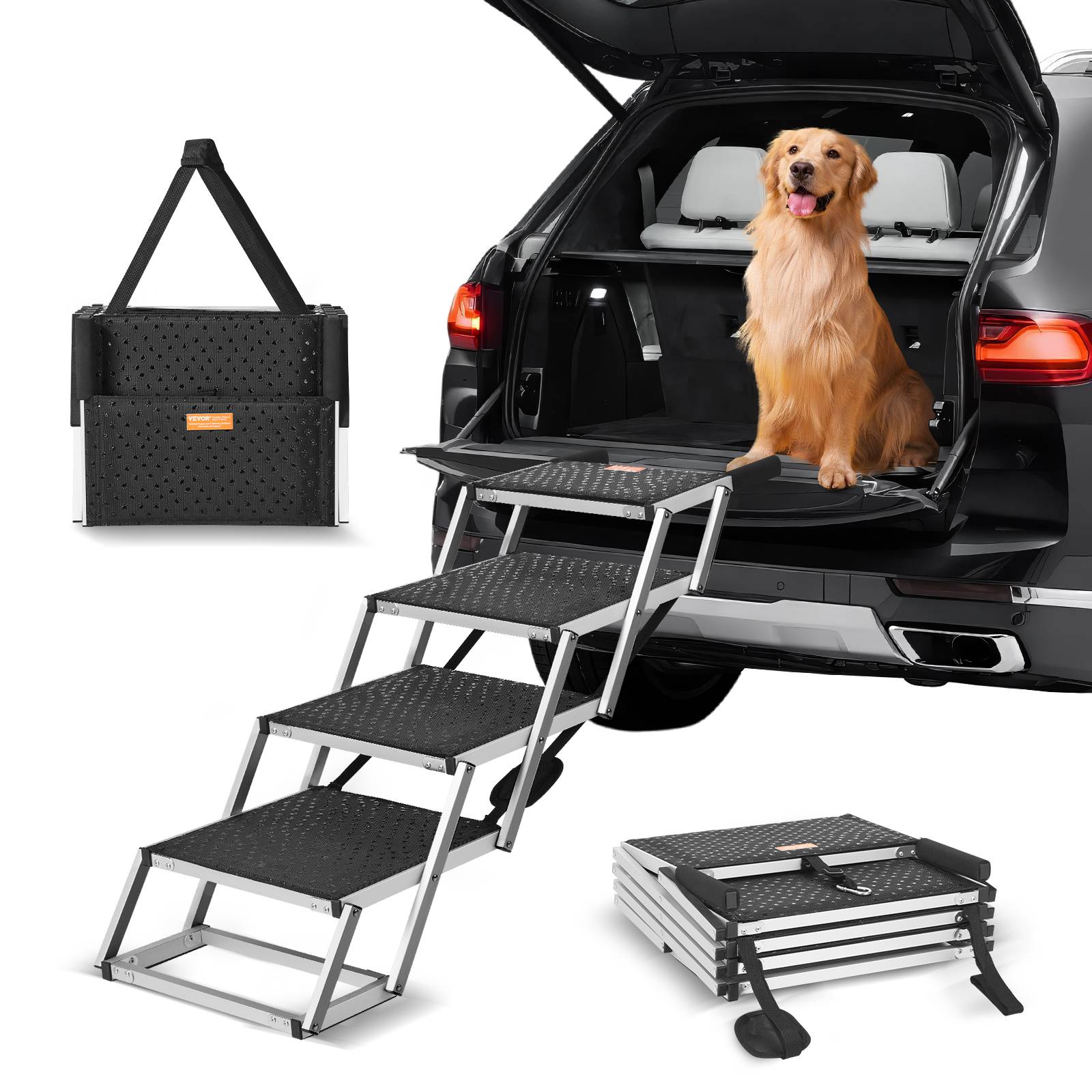 VEVOR Escalier animaux véhicule, 4 marches, alu pliable. Antidérapant, charge 150 lb. Pour SUV, camions. - Image 1