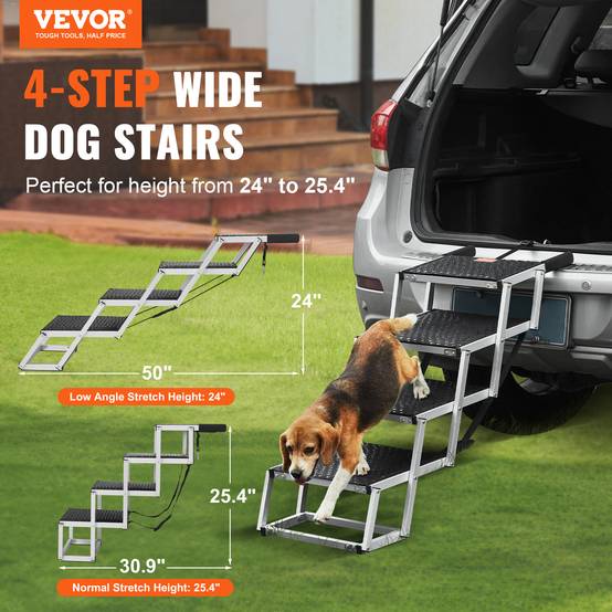 VEVOR Escalier animaux véhicule, 4 marches, alu pliable. Antidérapant, charge 150 lb. Pour SUV, camions. - Image 2