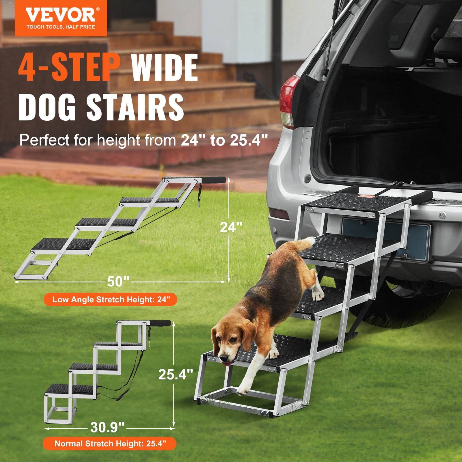 VEVOR Escalier animaux véhicule, 4 marches, alu pliable. Antidérapant, charge 150 lb. Pour SUV, camions. - Image 2