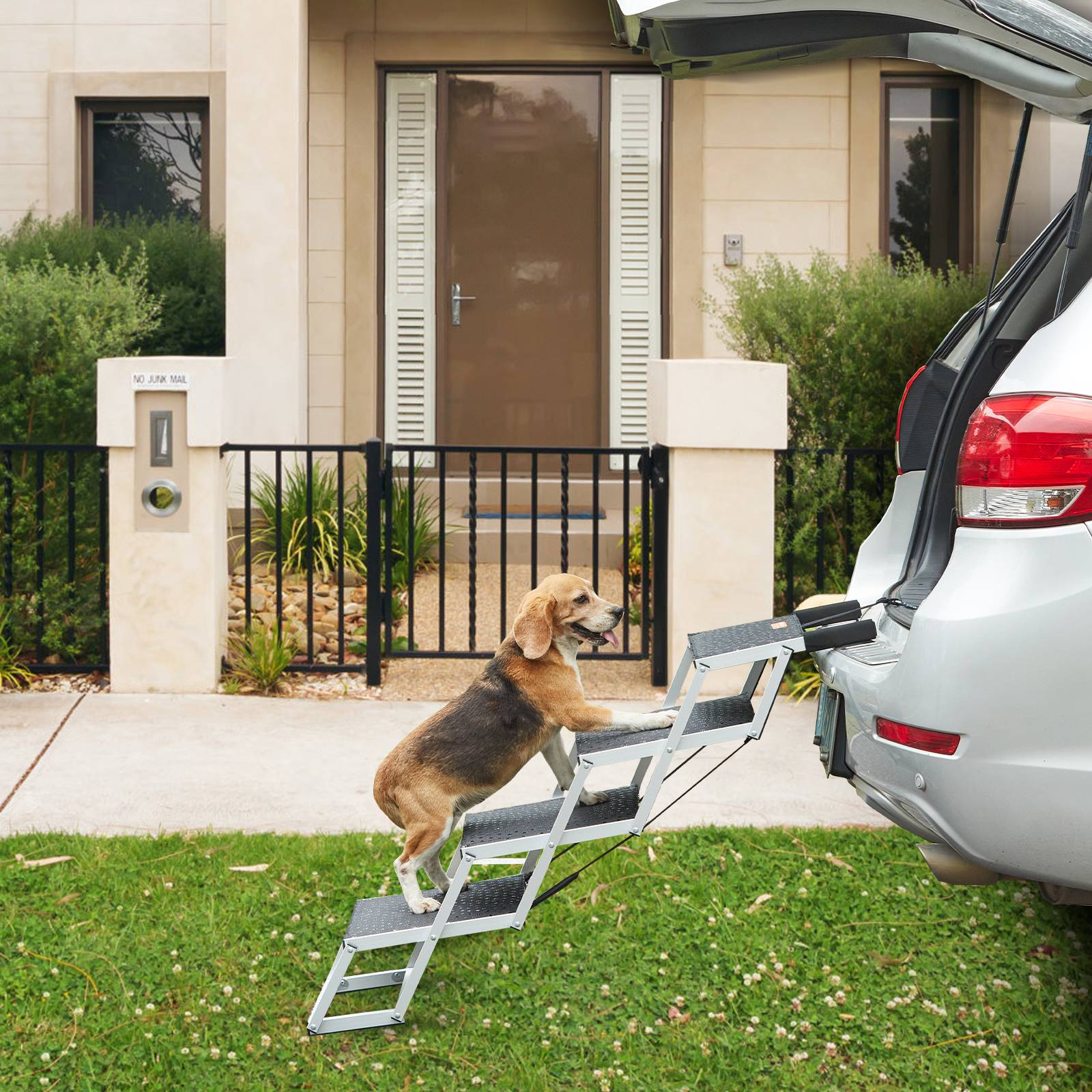 VEVOR Escalier animaux véhicule, 4 marches, alu pliable. Antidérapant, charge 150 lb. Pour SUV, camions. - Image 8
