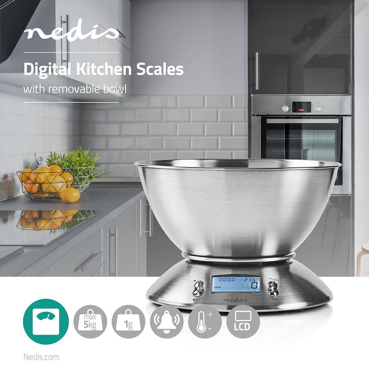 Balance de cuisine Numérique Ecran LCD Acier Bol amovible 5kg NEDIS - Imagen 3