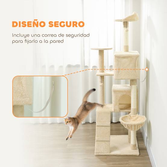 Grand Arbre à Chat XXL en Peluche avec Niches Hamac et Plateformes 180 cm Beige - ComfortXL Outdoor Living - Image 8