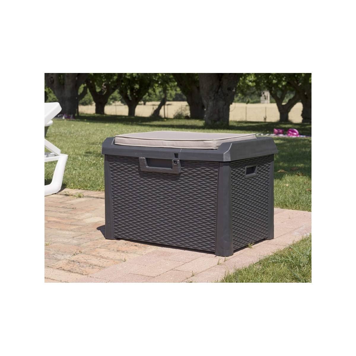 Coffre de jardin 125L Coussin compris Effet rotin L73xP50xH49 cm Résine Résiste au gel, intempéries et UV - Imagen 4