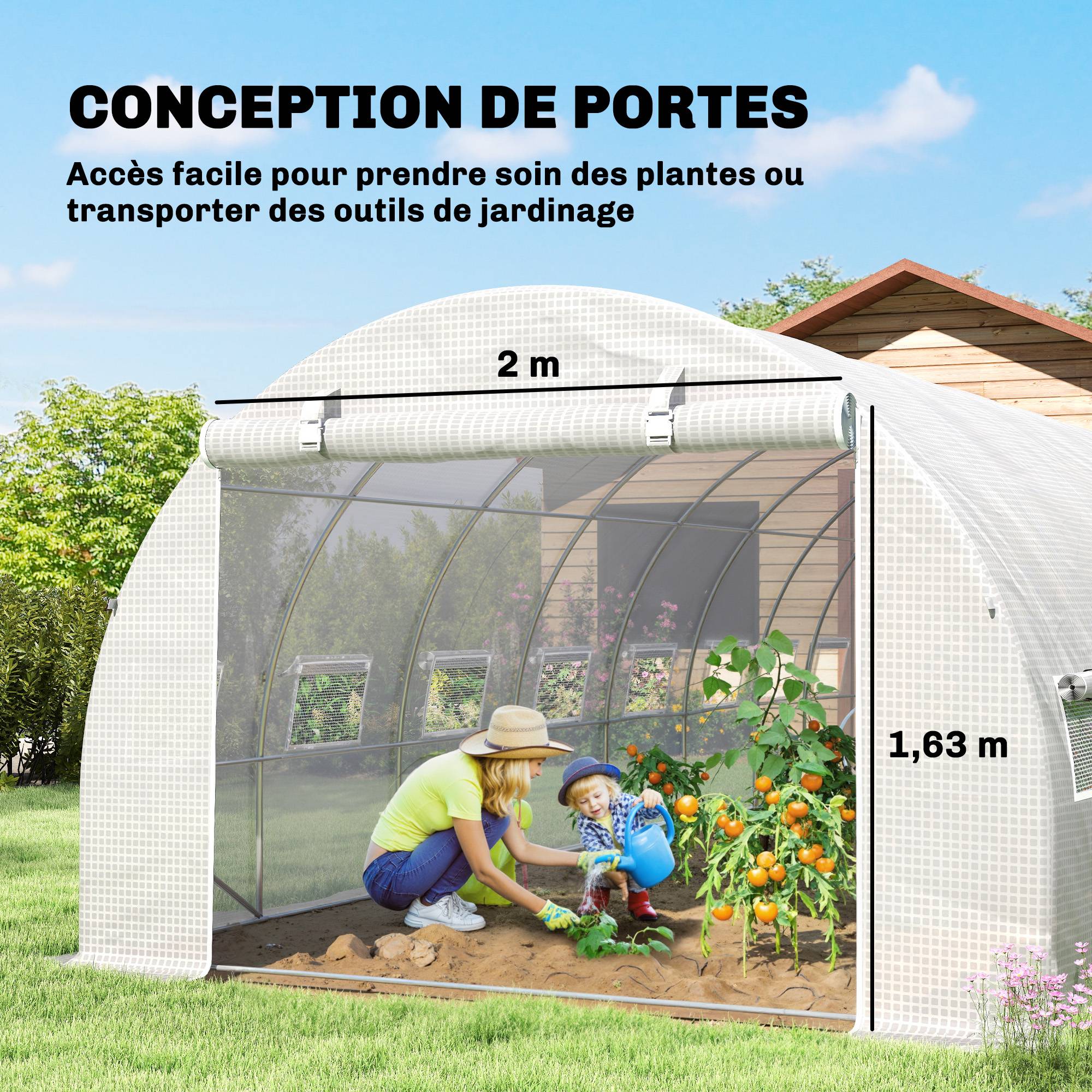 Serre de jardin tunnel 24m² 8L x 3l x 2H m - 16 fenêtres, Porte zippée enroulable acier galvanisé, bâche PE, Blanc - Image 7