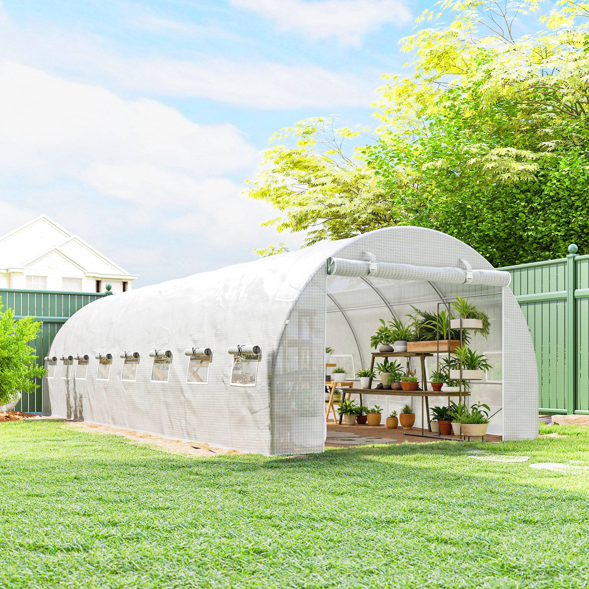 Serre de jardin tunnel 24m² 8L x 3l x 2H m - 16 fenêtres, Porte zippée enroulable acier galvanisé, bâche PE, Blanc - Image 4