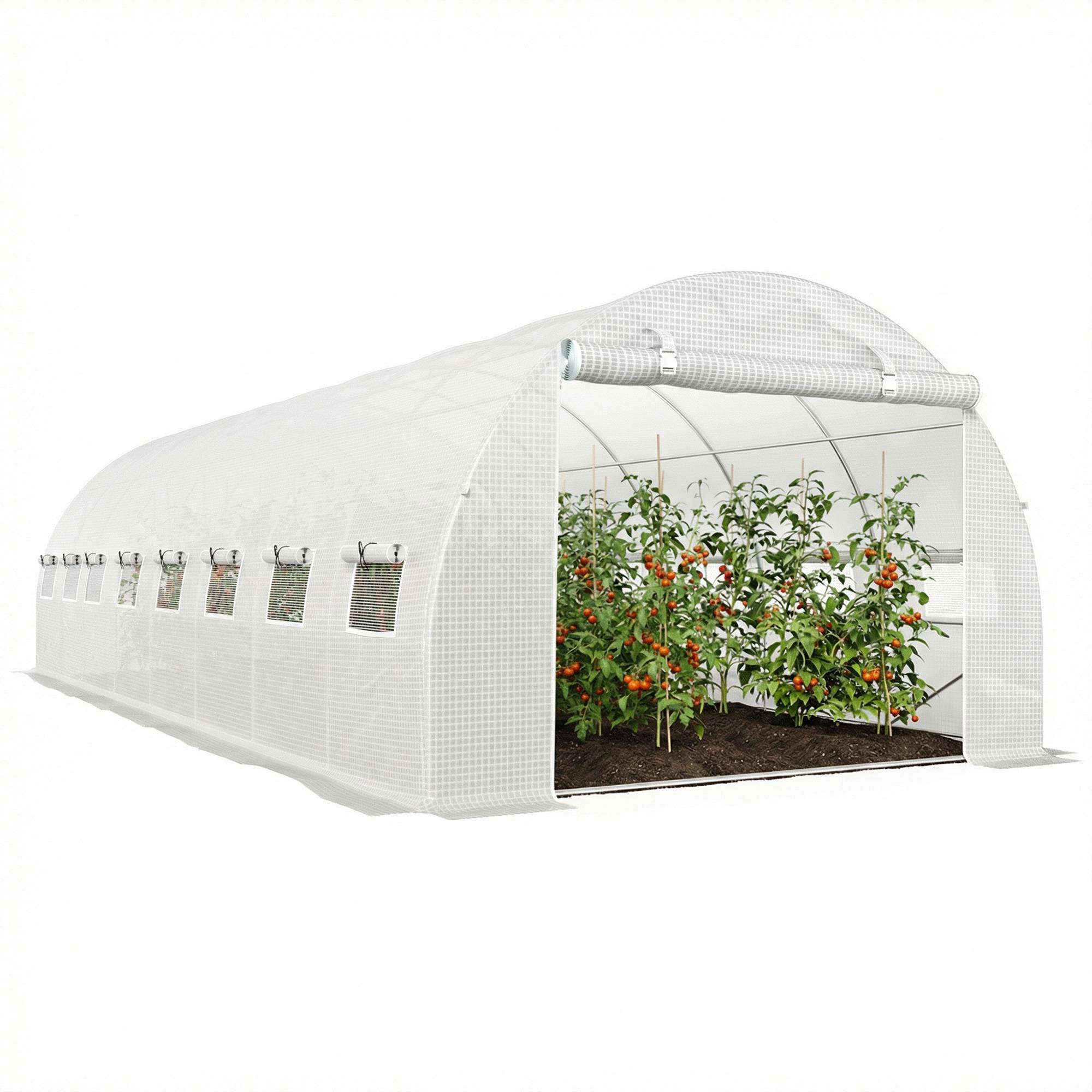Serre de jardin tunnel 24m² 8L x 3l x 2H m - 16 fenêtres, Porte zippée enroulable acier galvanisé, bâche PE, Blanc - Image 1