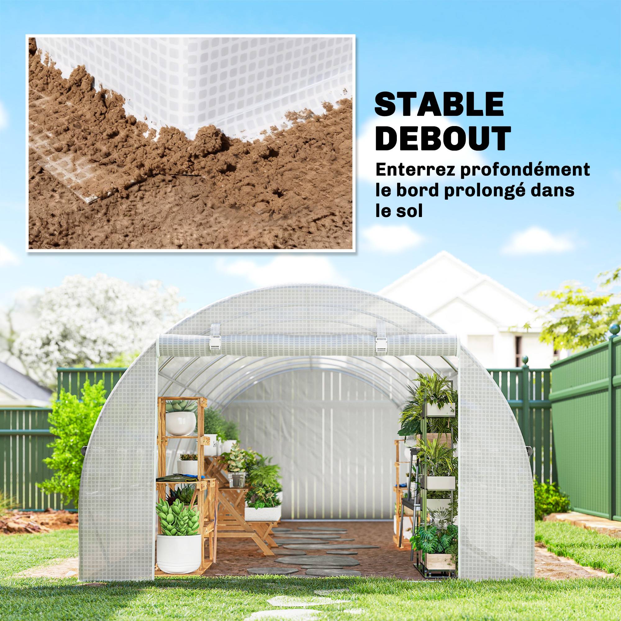 Serre de jardin tunnel 24m² 8L x 3l x 2H m - 16 fenêtres, Porte zippée enroulable acier galvanisé, bâche PE, Blanc - Image 9