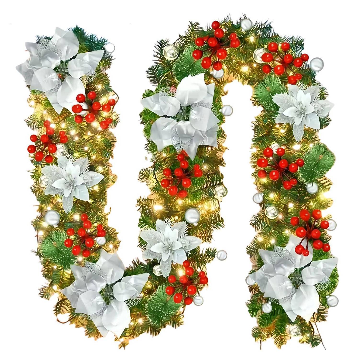 Guirlande de Noël de 270 cm avec lumières LED, décoration de Noël, couronne de Noël artificielle illuminée avec fleurs, décorations pour sapin de Noël - Image 1