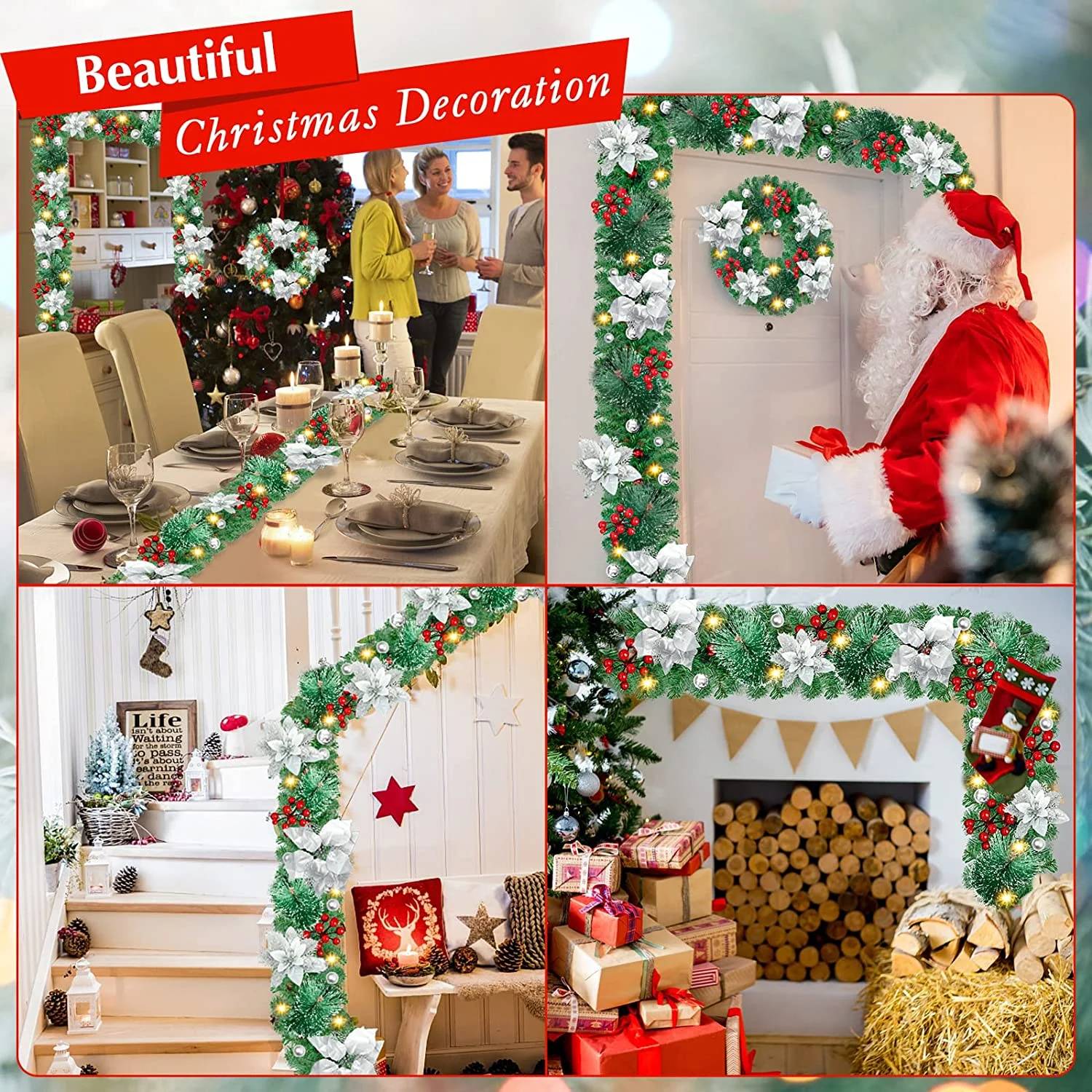 Guirlande de Noël de 270 cm avec lumières LED, décoration de Noël, couronne de Noël artificielle illuminée avec fleurs, décorations pour sapin de Noël - Image 7