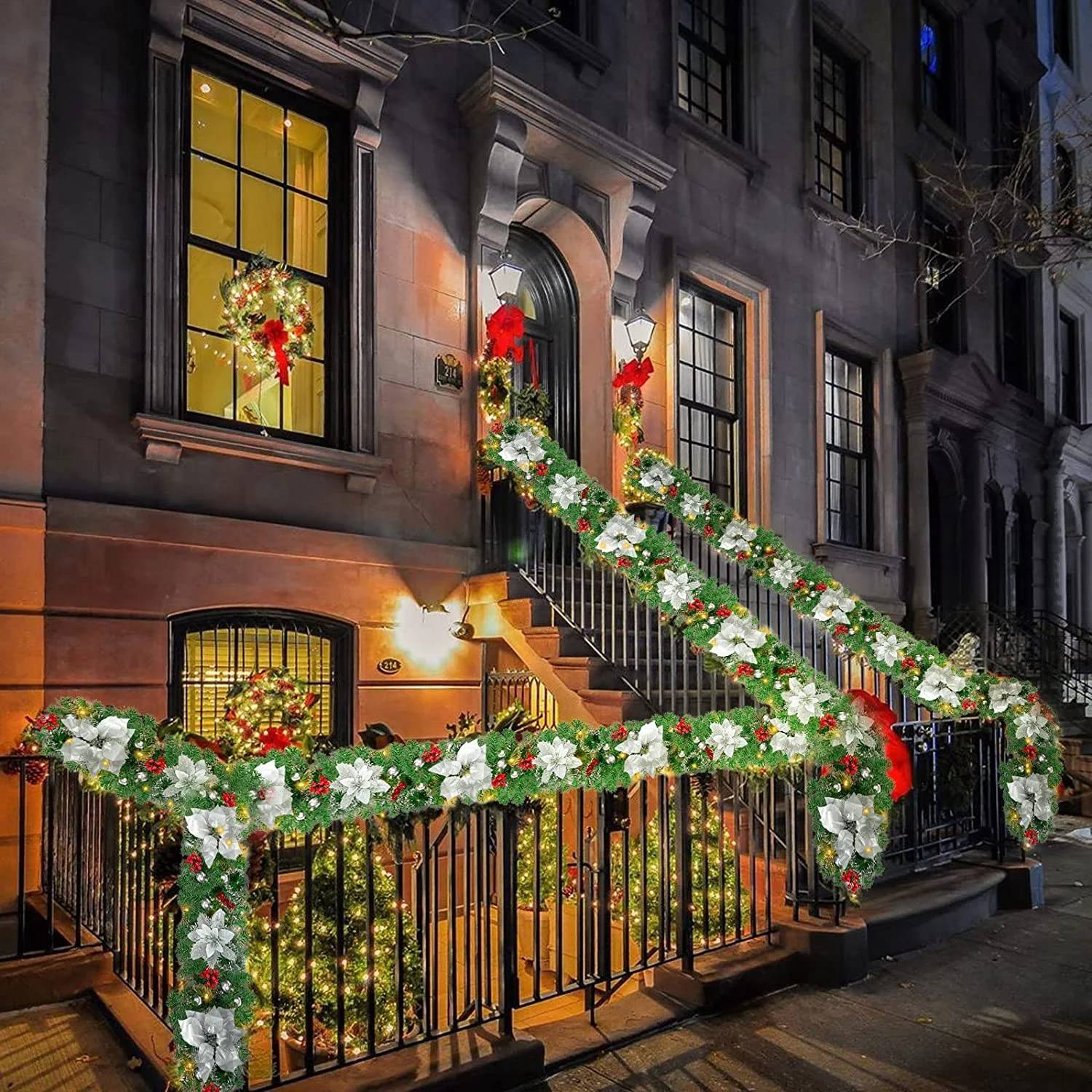 Guirlande de Noël de 270 cm avec lumières LED, décoration de Noël, couronne de Noël artificielle illuminée avec fleurs, décorations pour sapin de Noël - Image 2