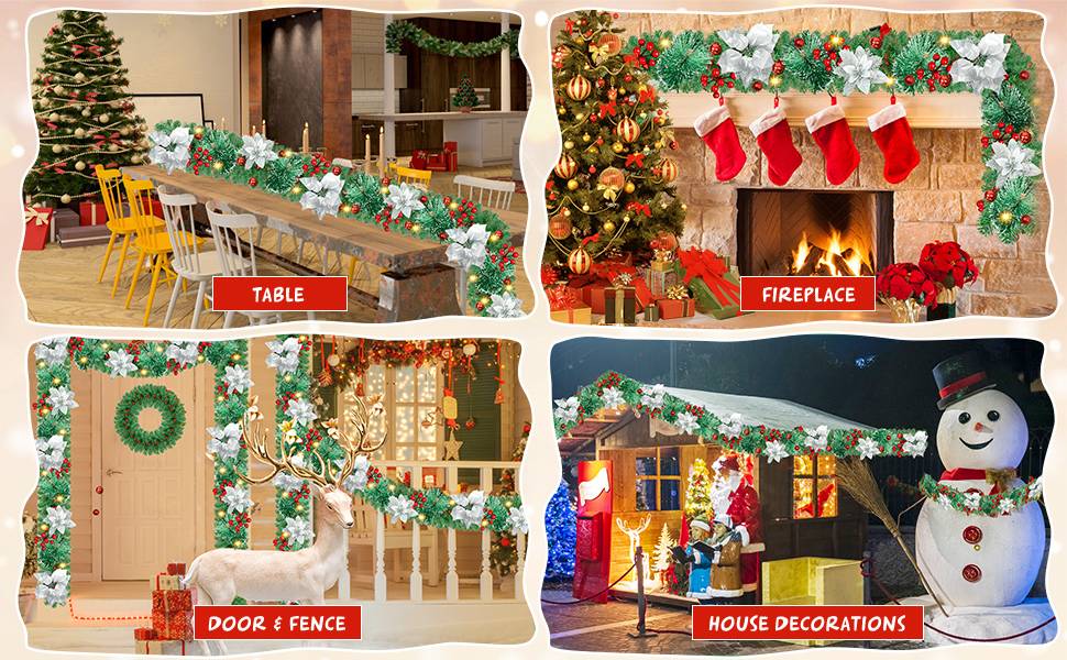 Guirlande de Noël de 270 cm avec lumières LED, décoration de Noël, couronne de Noël artificielle illuminée avec fleurs, décorations pour sapin de Noël - Image 8