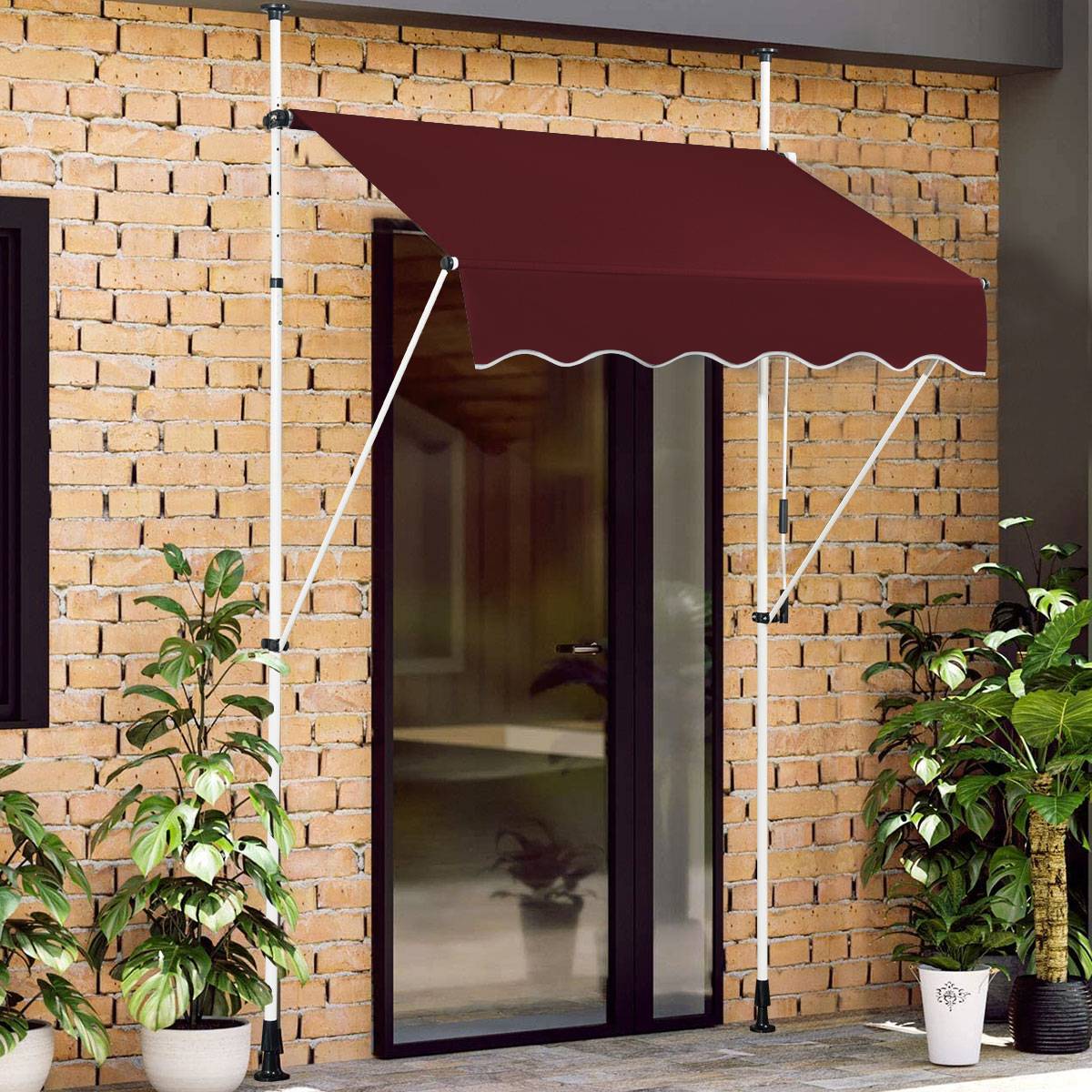 Costway - Store Banne Manuel Hauteur Réglable 200-300CM, Auvent Rétractable150x125CM sans Perçage en Métal et Tissu Oxford pour Fenêtre,Terrasse, Rouge - Image 2