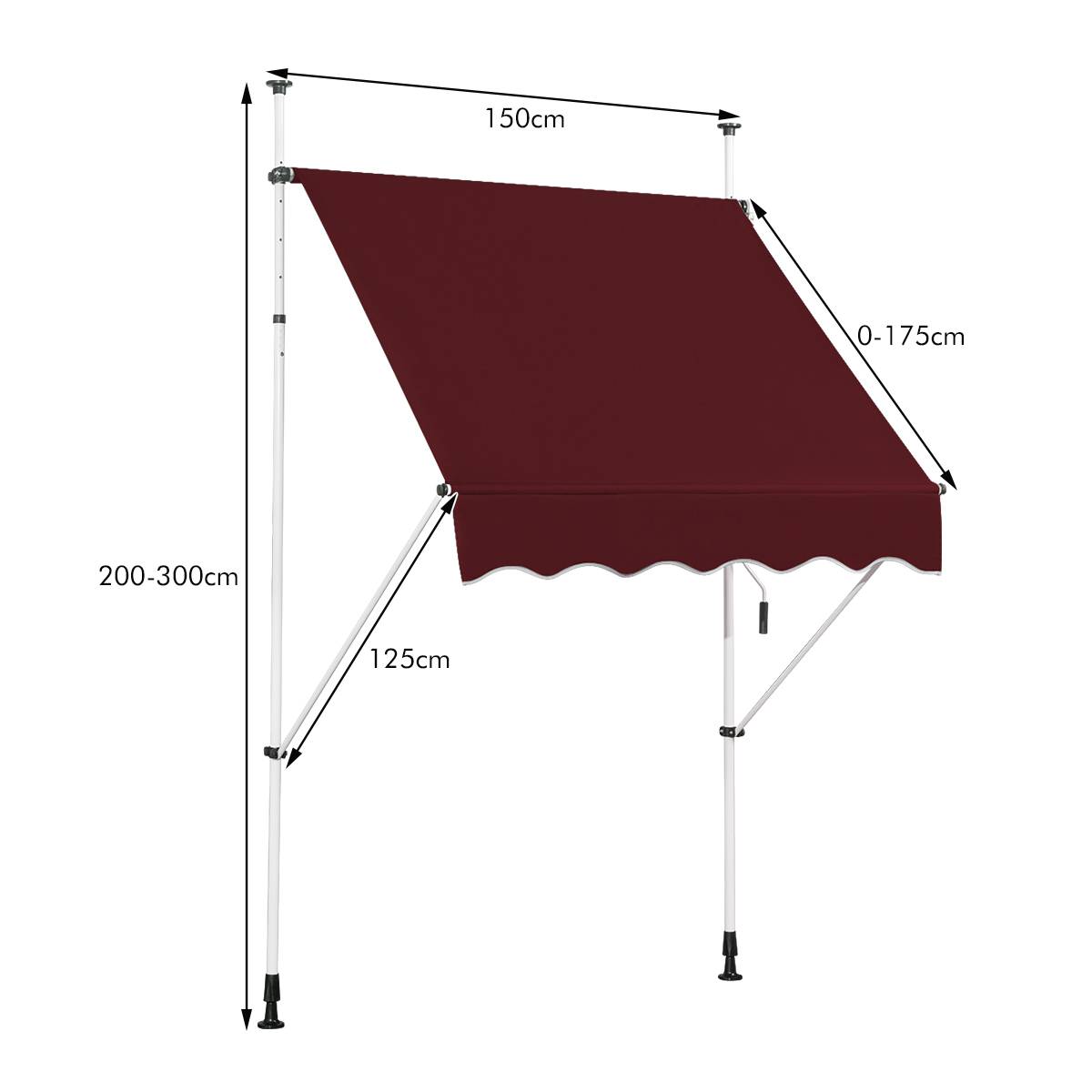 Costway - Store Banne Manuel Hauteur Réglable 200-300CM, Auvent Rétractable150x125CM sans Perçage en Métal et Tissu Oxford pour Fenêtre,Terrasse, Rouge - Image 3