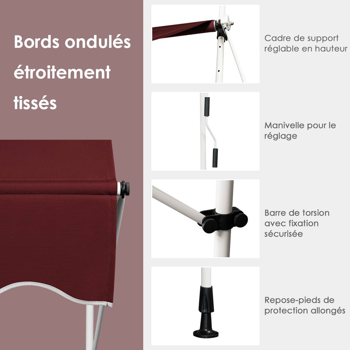 Costway - Store Banne Manuel Hauteur Réglable 200-300CM, Auvent Rétractable150x125CM sans Perçage en Métal et Tissu Oxford pour Fenêtre,Terrasse, Rouge - Image 4