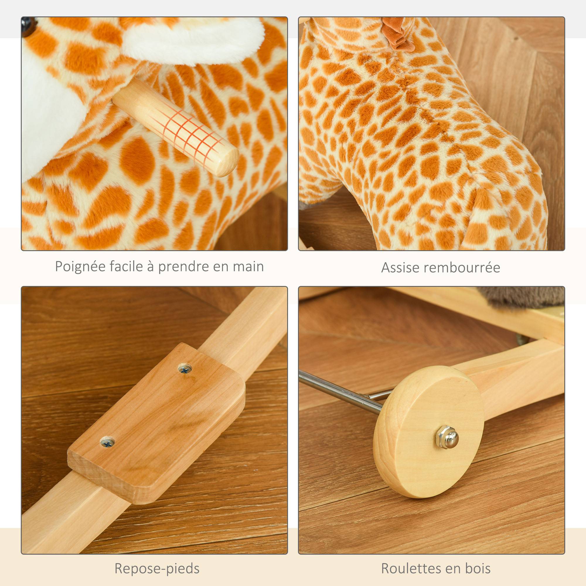 Jouet à Bascule Girafe et Porteur sur roulettes 2 en 1 Fonction sonore mugissement Bois peuplier Peluche Courte Polyester tacheté - Image 8