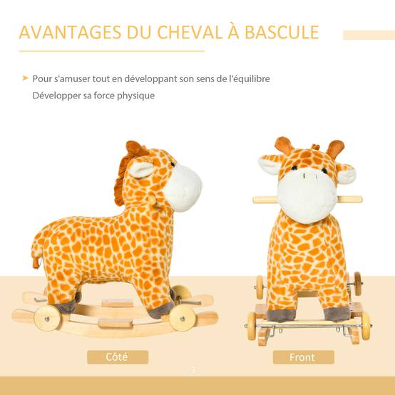 Jouet à Bascule Girafe et Porteur sur roulettes 2 en 1 Fonction sonore mugissement Bois peuplier Peluche Courte Polyester tacheté - Image 7
