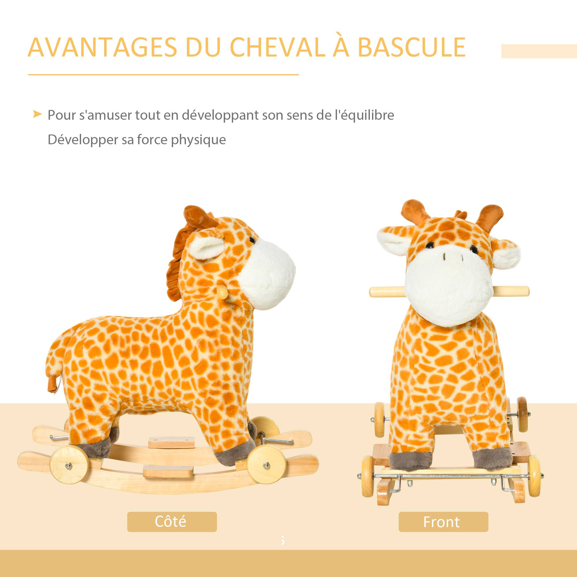Jouet à Bascule Girafe et Porteur sur roulettes 2 en 1 Fonction sonore mugissement Bois peuplier Peluche Courte Polyester tacheté - Image 7