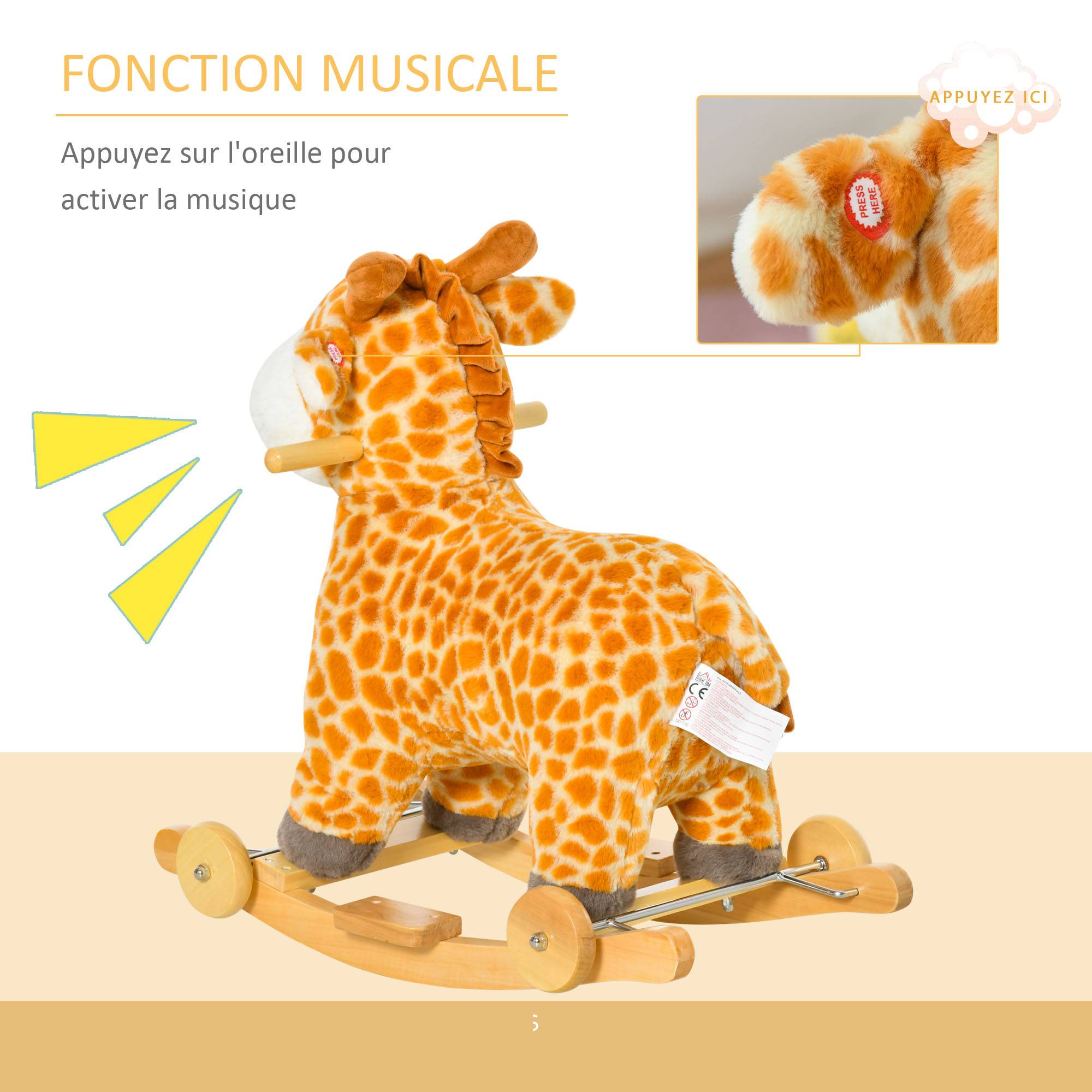 Jouet à Bascule Girafe et Porteur sur roulettes 2 en 1 Fonction sonore mugissement Bois peuplier Peluche Courte Polyester tacheté - Image 9