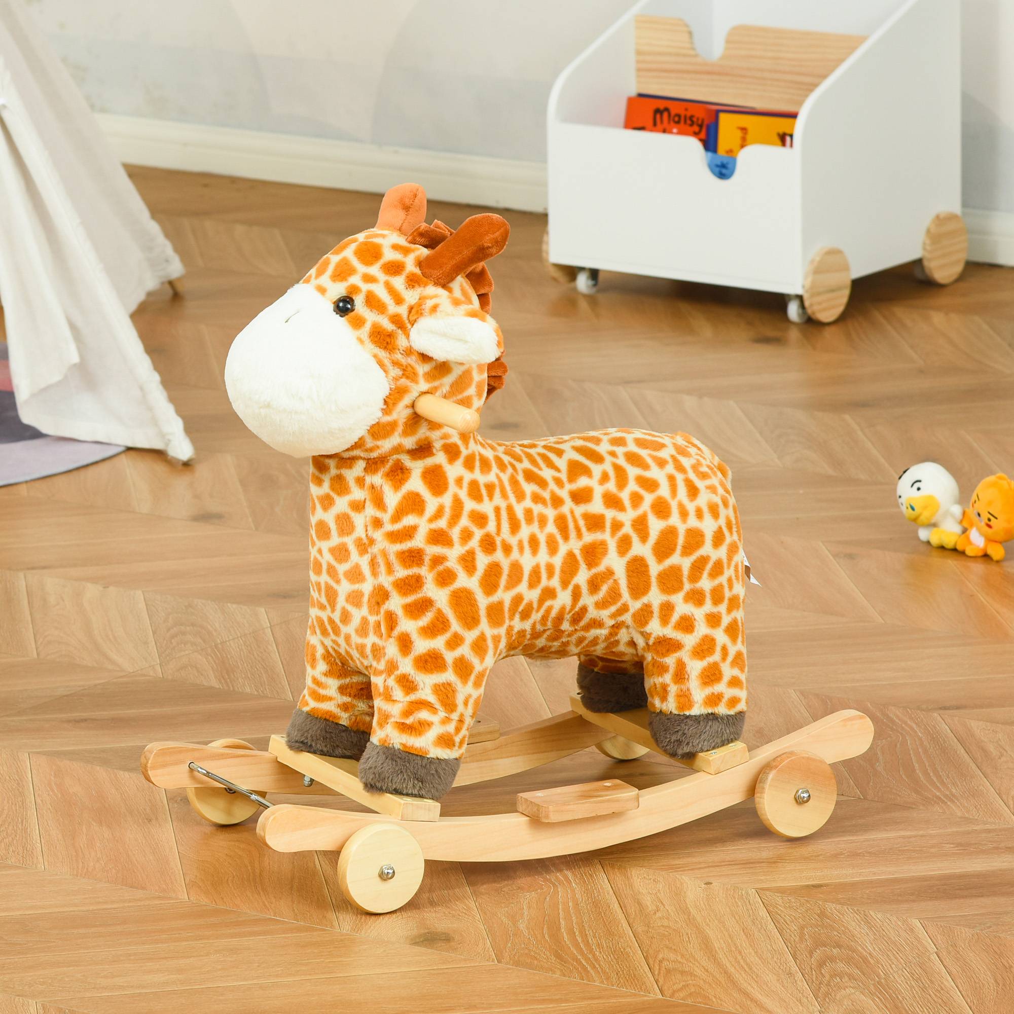 Jouet à Bascule Girafe et Porteur sur roulettes 2 en 1 Fonction sonore mugissement Bois peuplier Peluche Courte Polyester tacheté - Image 4