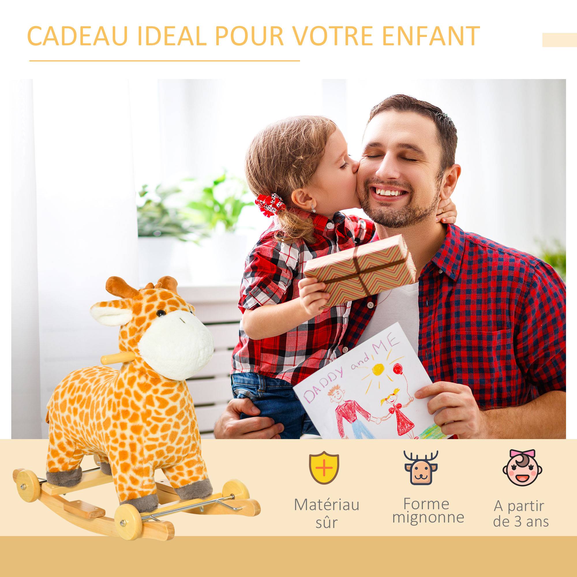Jouet à Bascule Girafe et Porteur sur roulettes 2 en 1 Fonction sonore mugissement Bois peuplier Peluche Courte Polyester tacheté - Image 6