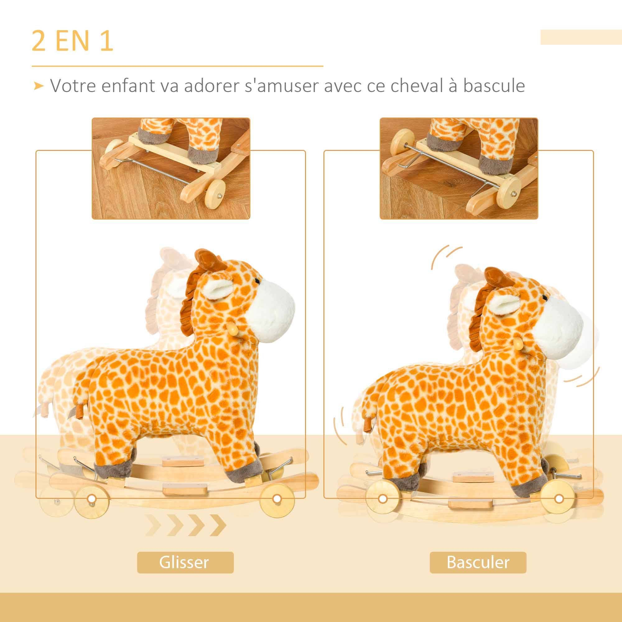 Jouet à Bascule Girafe et Porteur sur roulettes 2 en 1 Fonction sonore mugissement Bois peuplier Peluche Courte Polyester tacheté - Image 10