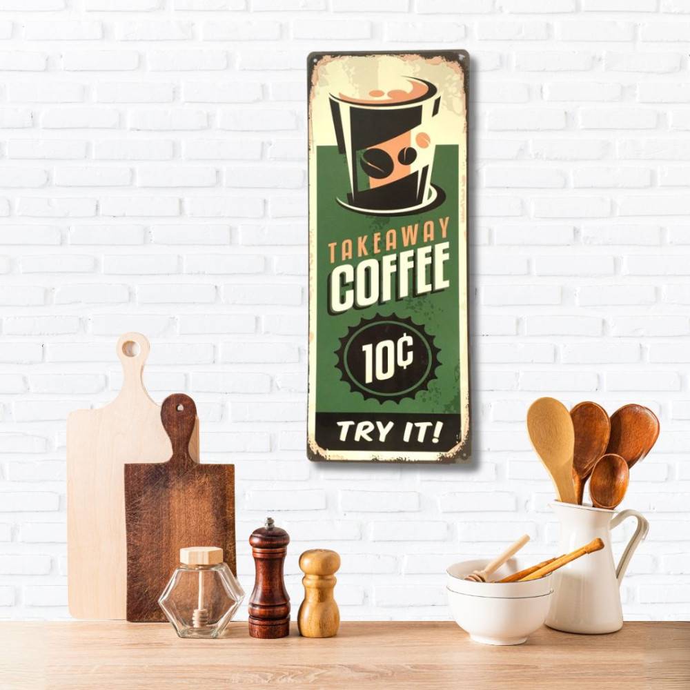 ~ Plaque murale décorative vintage métal vert Takeaway Coffee 20x50cm Chemin de campagne - Imagen 3