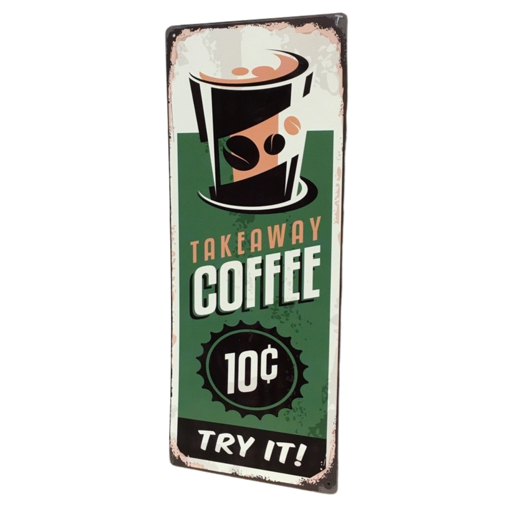 ~ Plaque murale décorative vintage métal vert Takeaway Coffee 20x50cm Chemin de campagne - Image 1