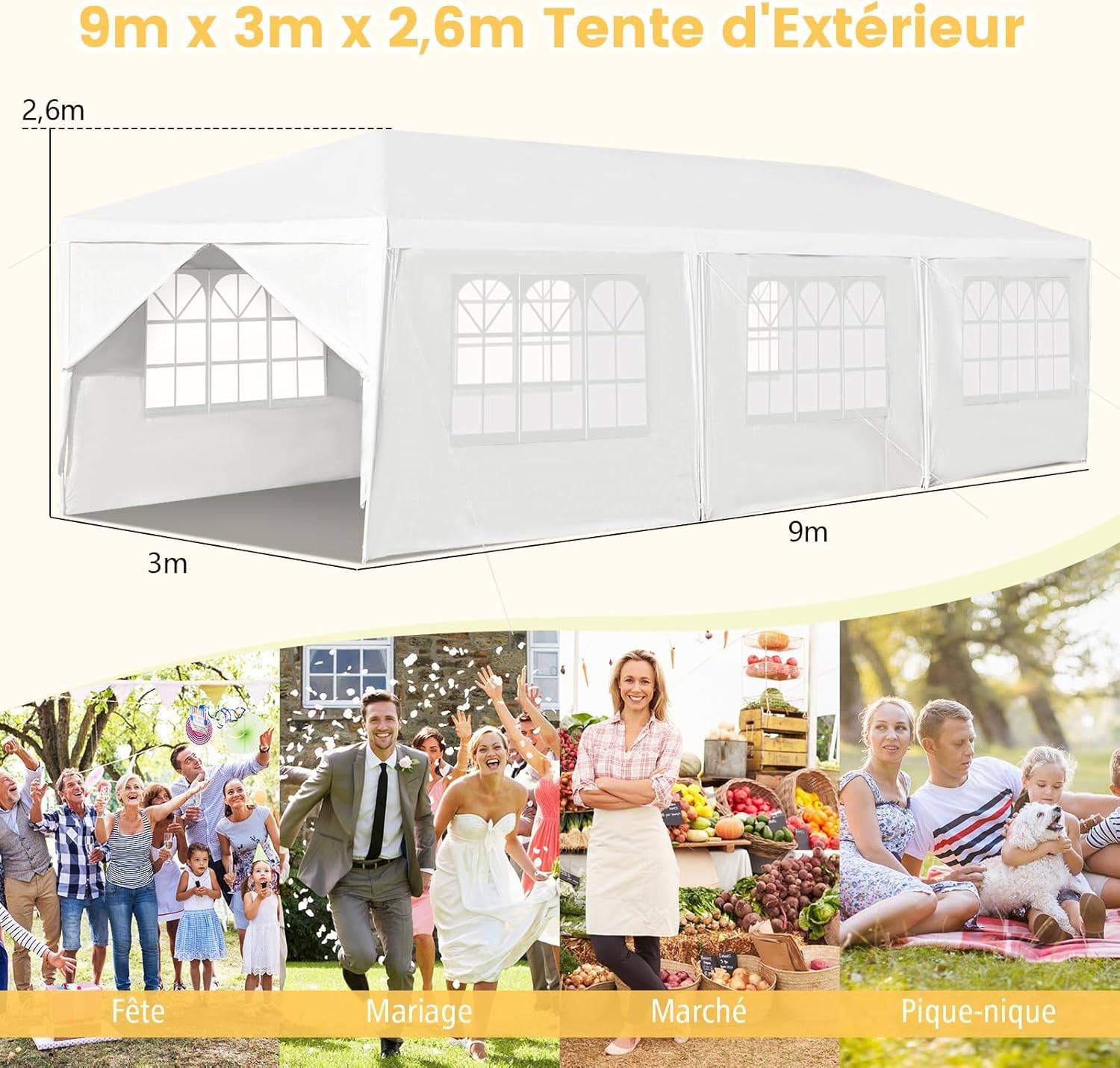 Costway - Tonnelle de Jardin 3x9m inclut 6 Murs Amovibles avec Fenêtre sur Côté, Abri Robuste avec Piquets de Terre - Image 5