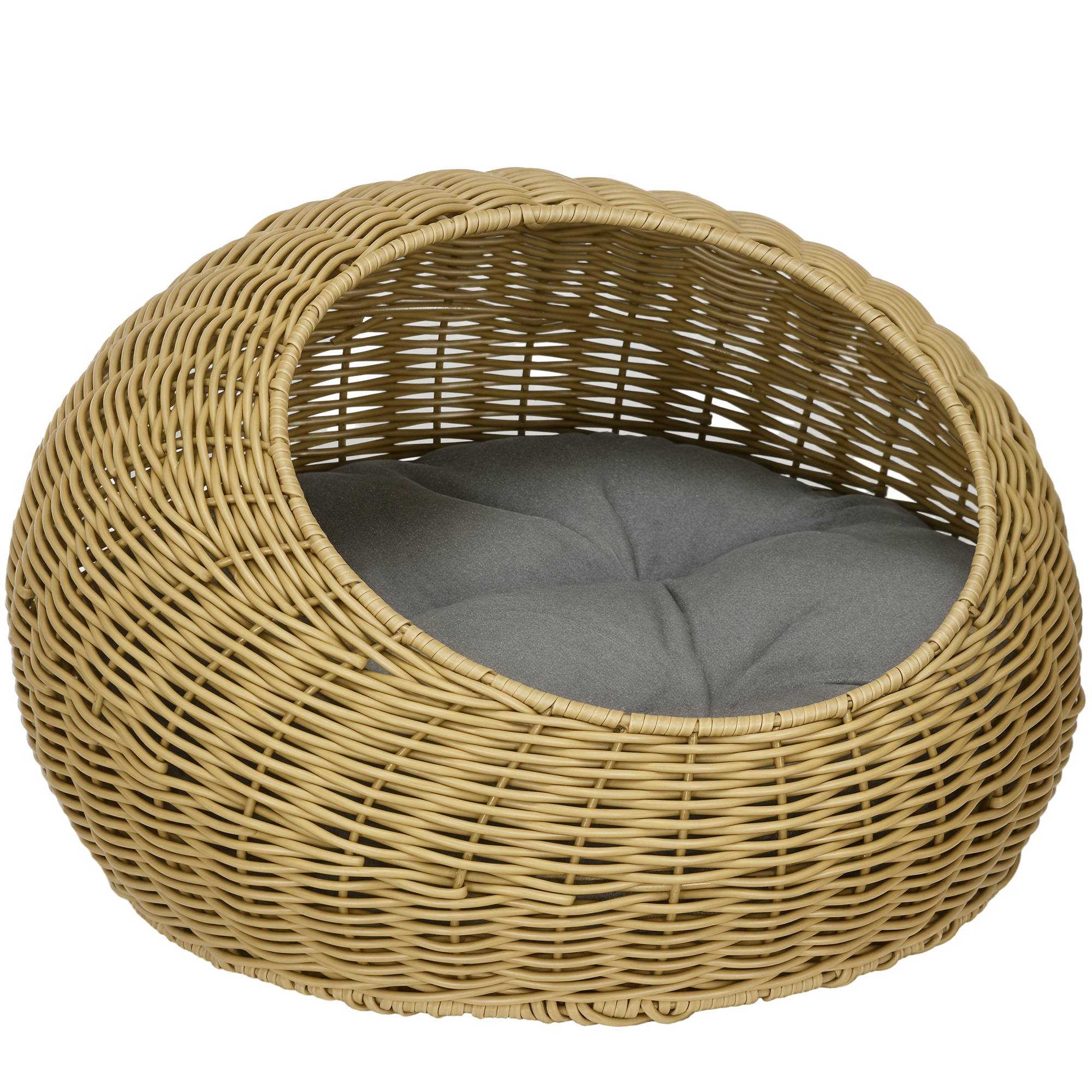 Sans Marque - Niche pour chat avec coussin lavable, pour chats jusqu'à 4 kg, usage intérieur, rotin artificiel, Ø50 x 31 cm, marron clair - Image 1