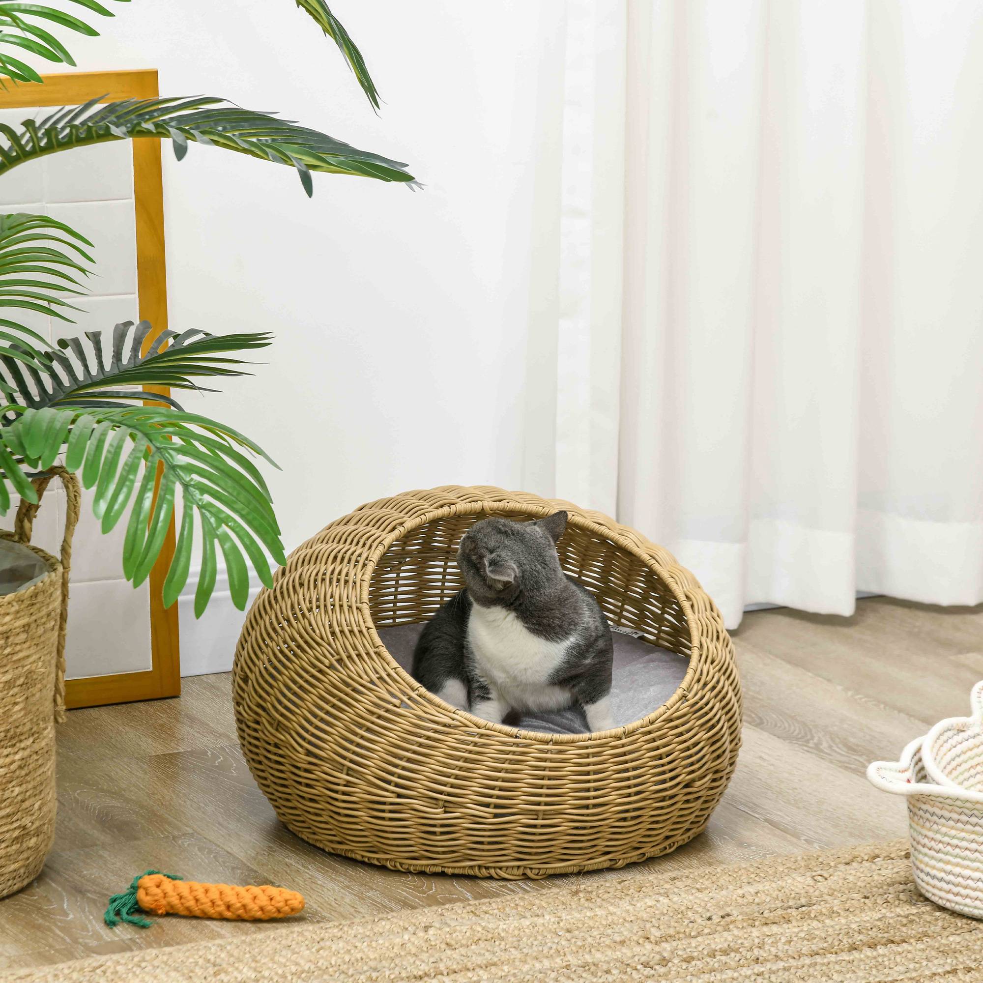 Sans Marque - Niche pour chat avec coussin lavable, pour chats jusqu'à 4 kg, usage intérieur, rotin artificiel, Ø50 x 31 cm, marron clair - Image 4