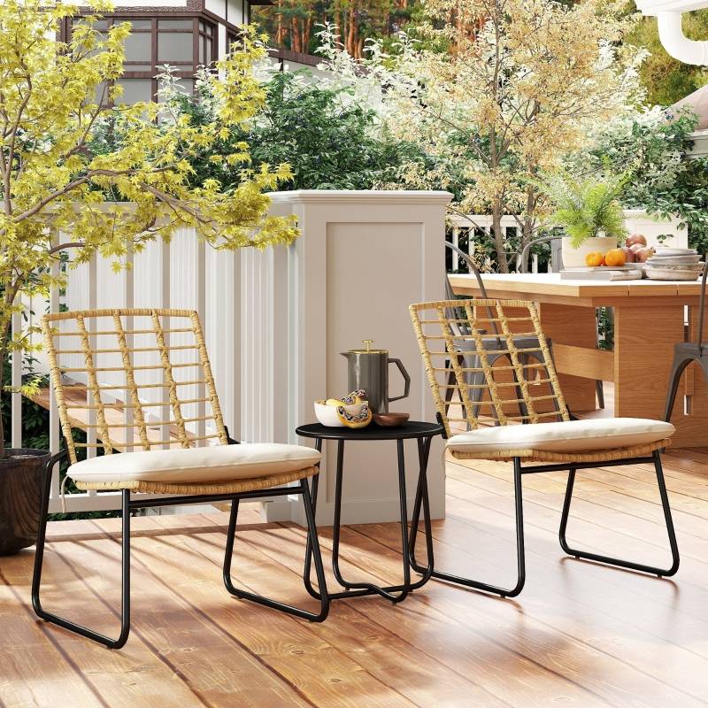 Salon de Jardin 2 Places avec Table et Chaises Empilables, Résine Tressée Beige et Marron - Image 2