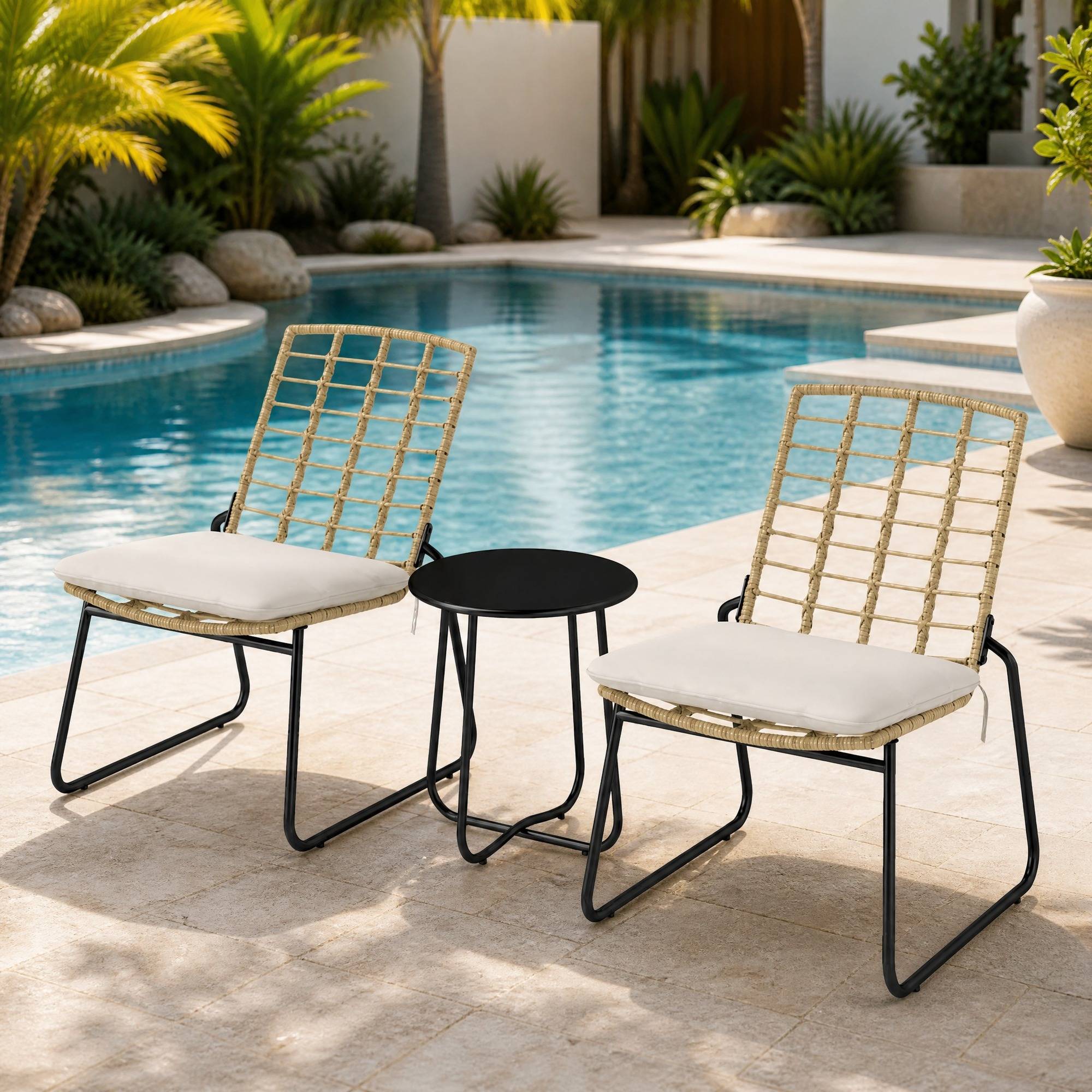 Salon de Jardin 2 Places avec Table et Chaises Empilables, Résine Tressée Beige et Marron - Image 4