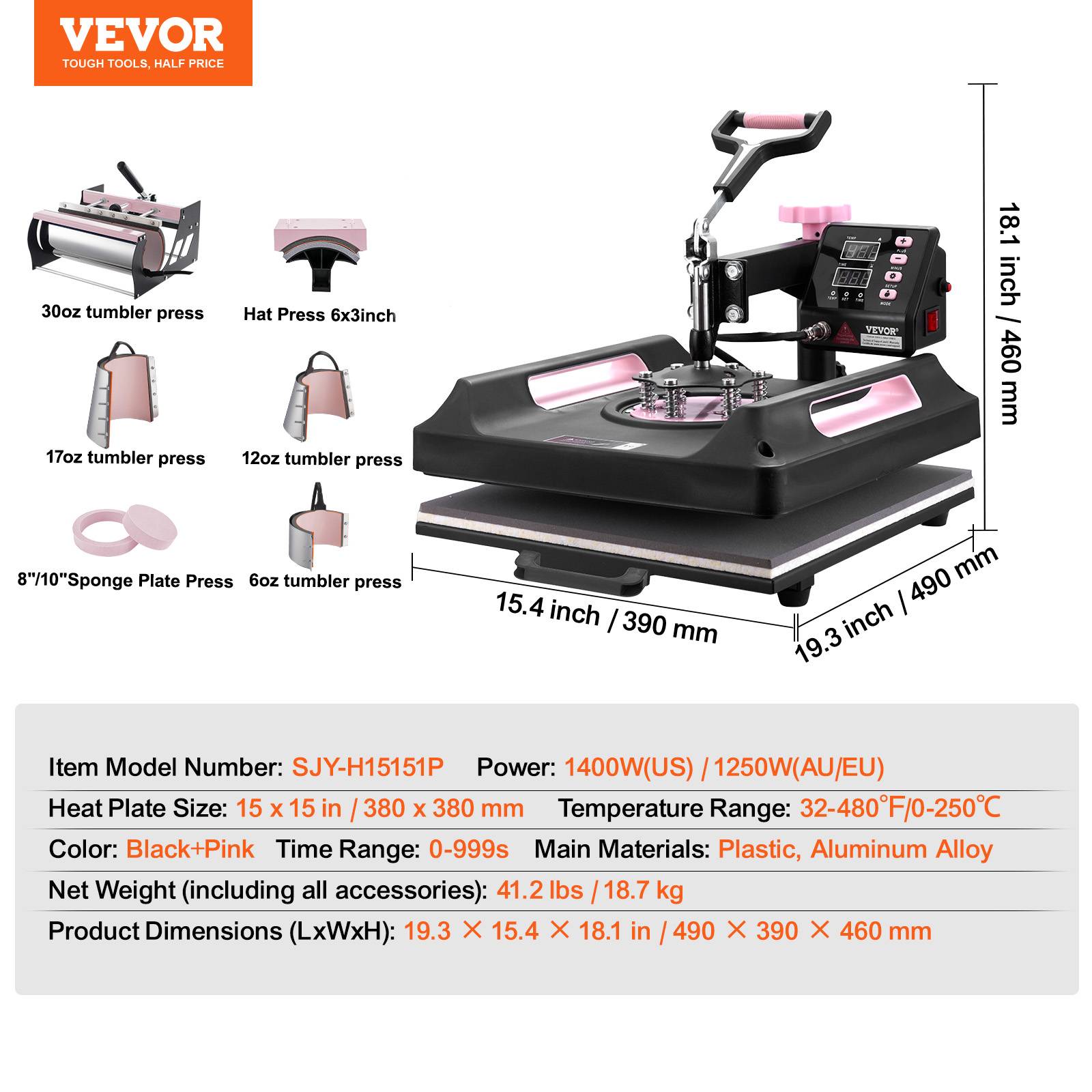 Vevor - VEVOR Presse à chaud 8-en-1, plaque 38x38 cm, machine sublimation avec presse tasses, pivotant 360°. - Image 7
