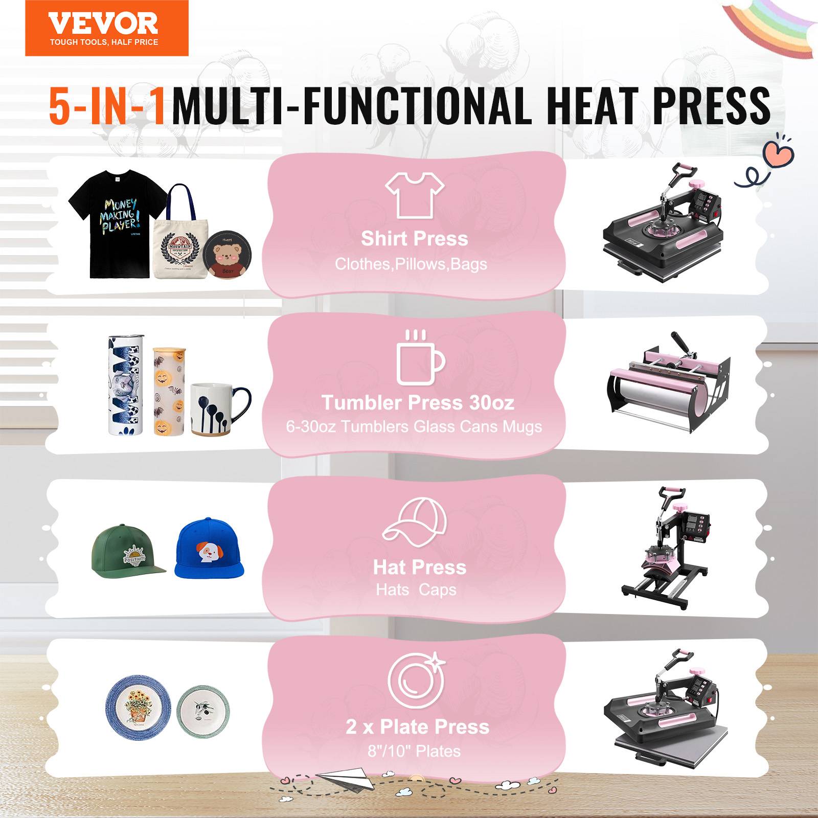 Vevor - VEVOR Presse à chaud 8-en-1, plaque 38x38 cm, machine sublimation avec presse tasses, pivotant 360°. - Image 2