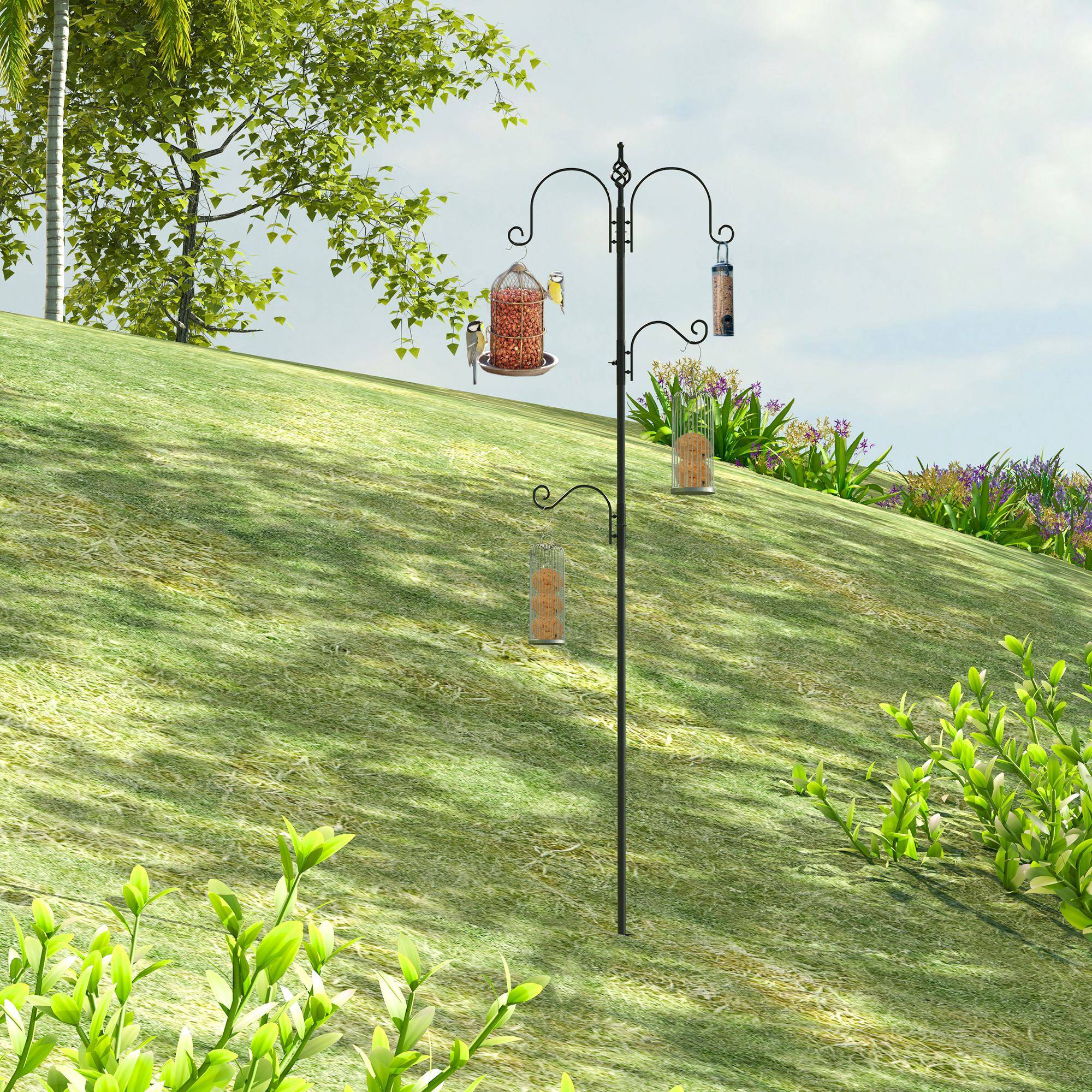 Station alimentation oiseaux acier 4 crochets réglables support jardin 208cm noir - ComfortXL Outdoor Living - Image 3