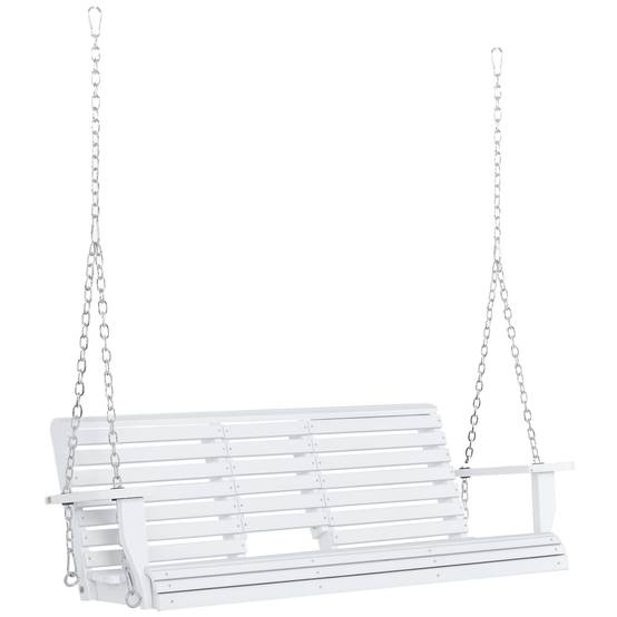 Balançoire 3 places extérieure avec table centrale et porte-gobelets, bois et métal, 150x75x53cm, blanc - Image 1