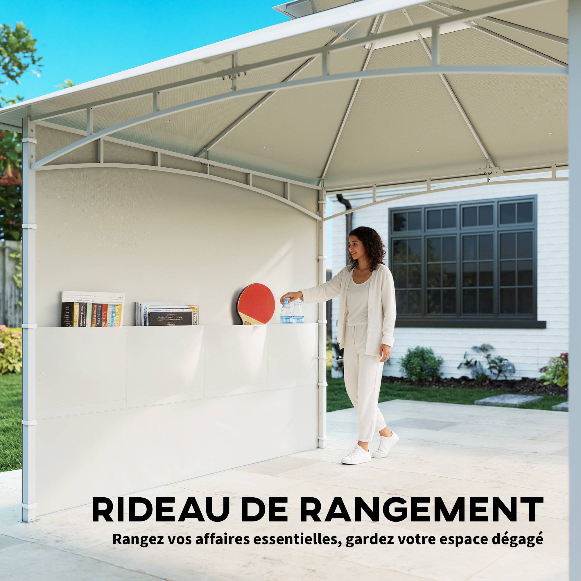 ComfortXL - Tonnelle de jardin Métal 3x3m Crème pour détente Toit double aéré Rideaux avec poches - ComfortXL Outdoor Living - Image 7