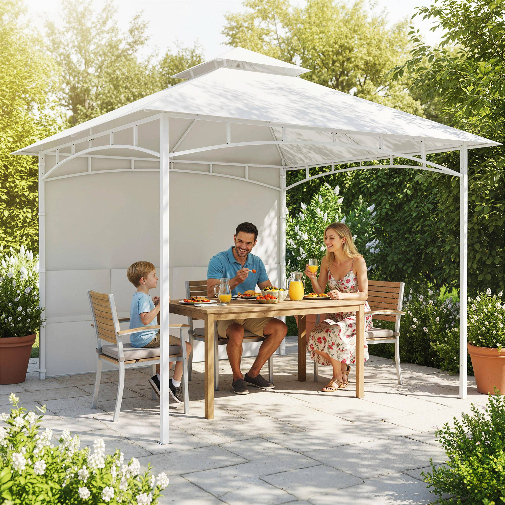 ComfortXL - Tonnelle de jardin Métal 3x3m Crème pour détente Toit double aéré Rideaux avec poches - ComfortXL Outdoor Living - Image 3