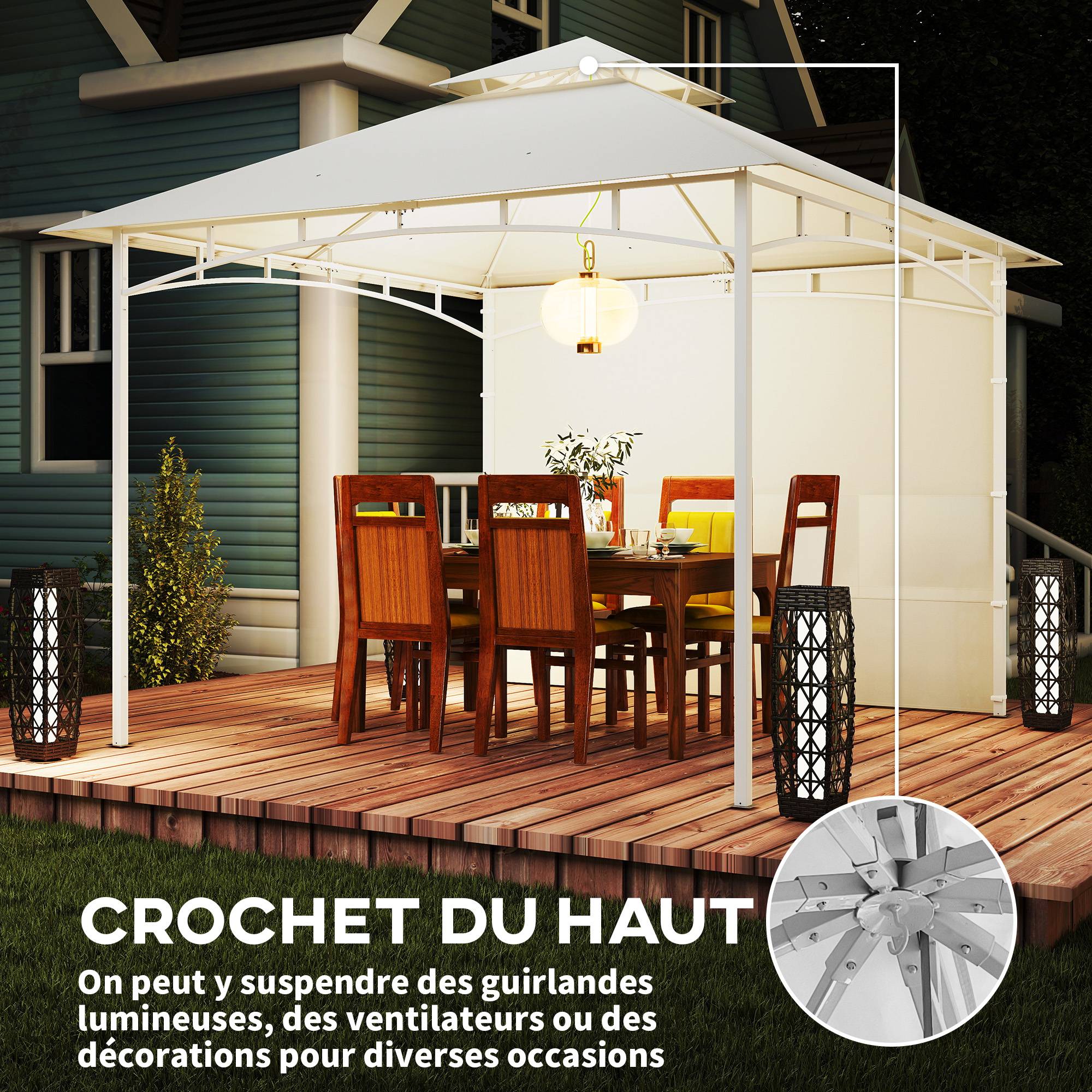 ComfortXL - Tonnelle de jardin Métal 3x3m Crème pour détente Toit double aéré Rideaux avec poches - ComfortXL Outdoor Living - Image 9