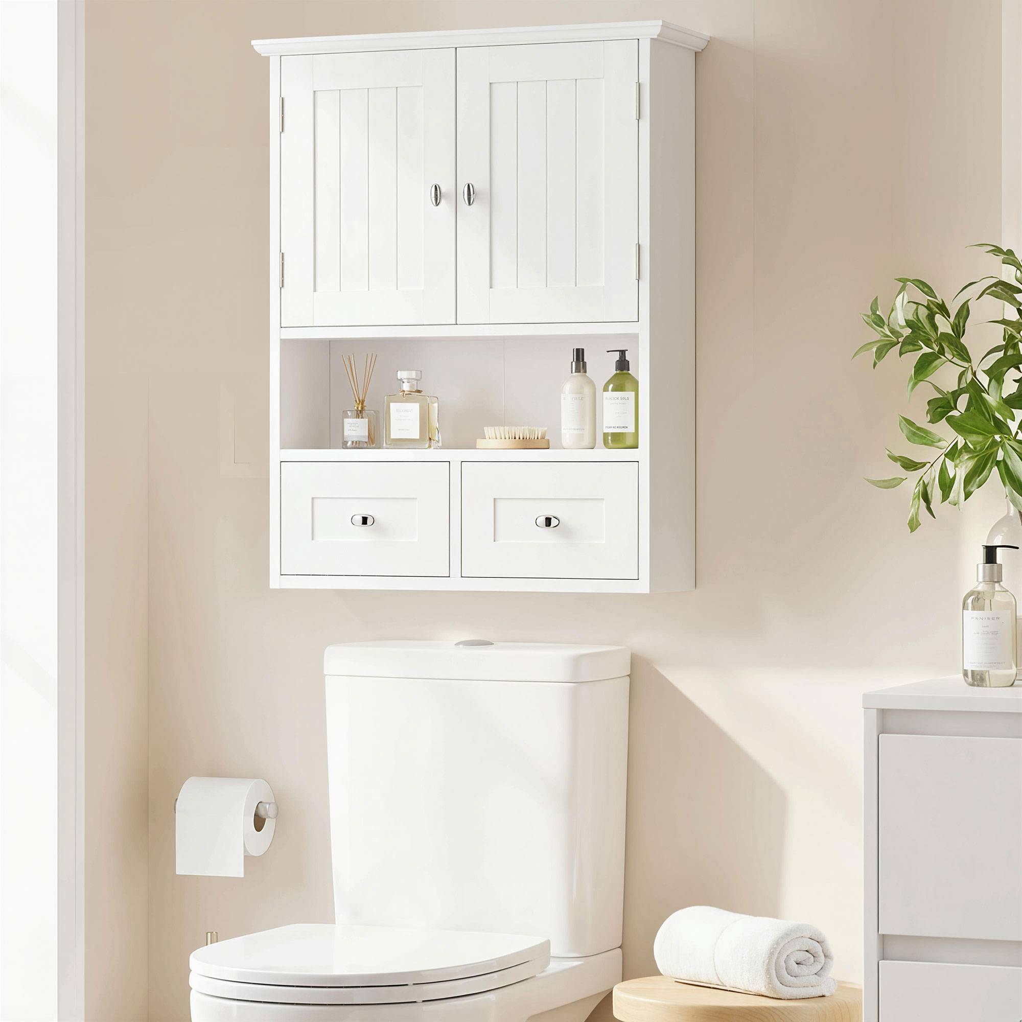 Sans Marque - Armoire murale salle bain 2 portes étagère ouverte 2 tiroirs bois blanche - Image 3
