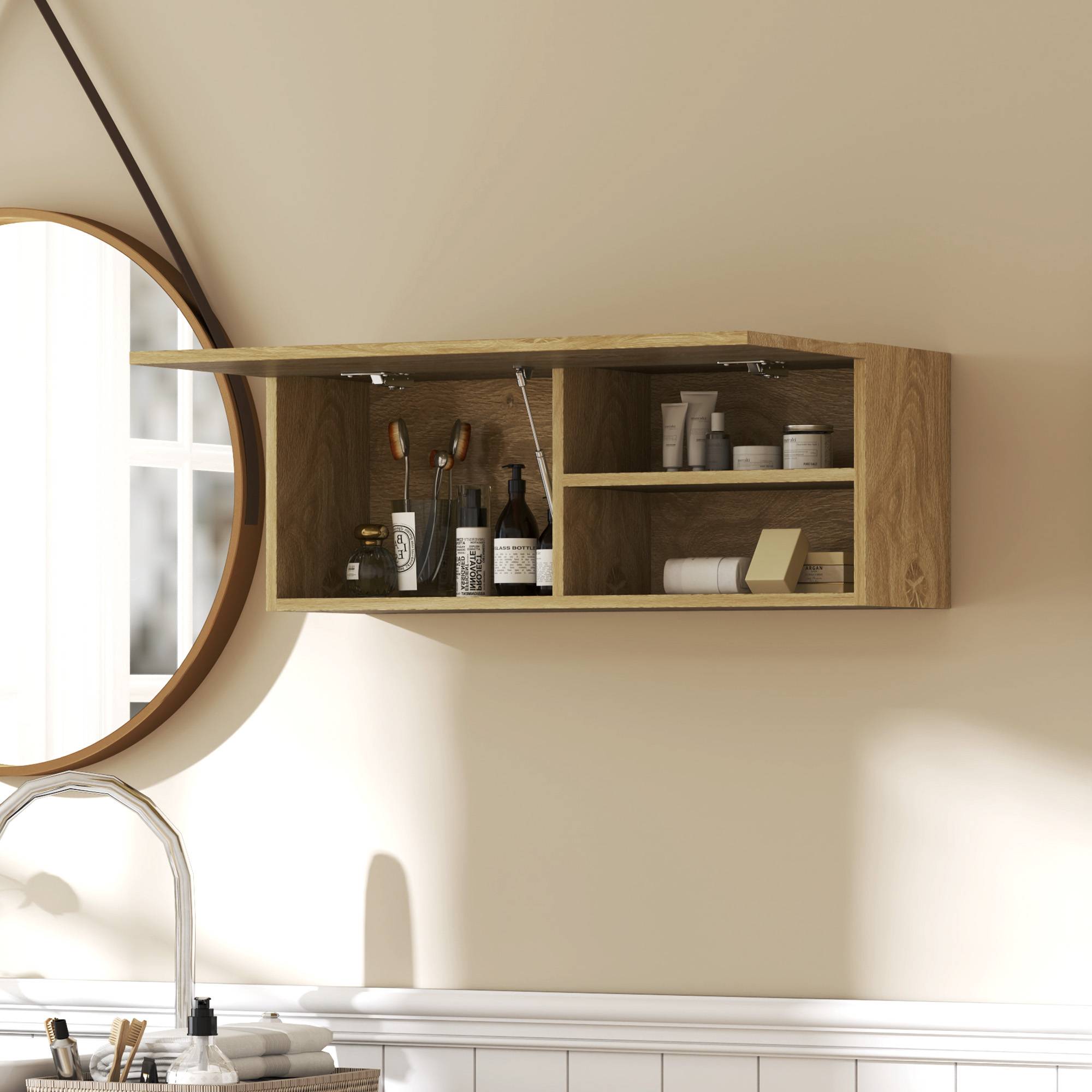 Sans Marque - Meuble salle bain porte abattante étagères 80x25x30 cm bois naturel - Image 4