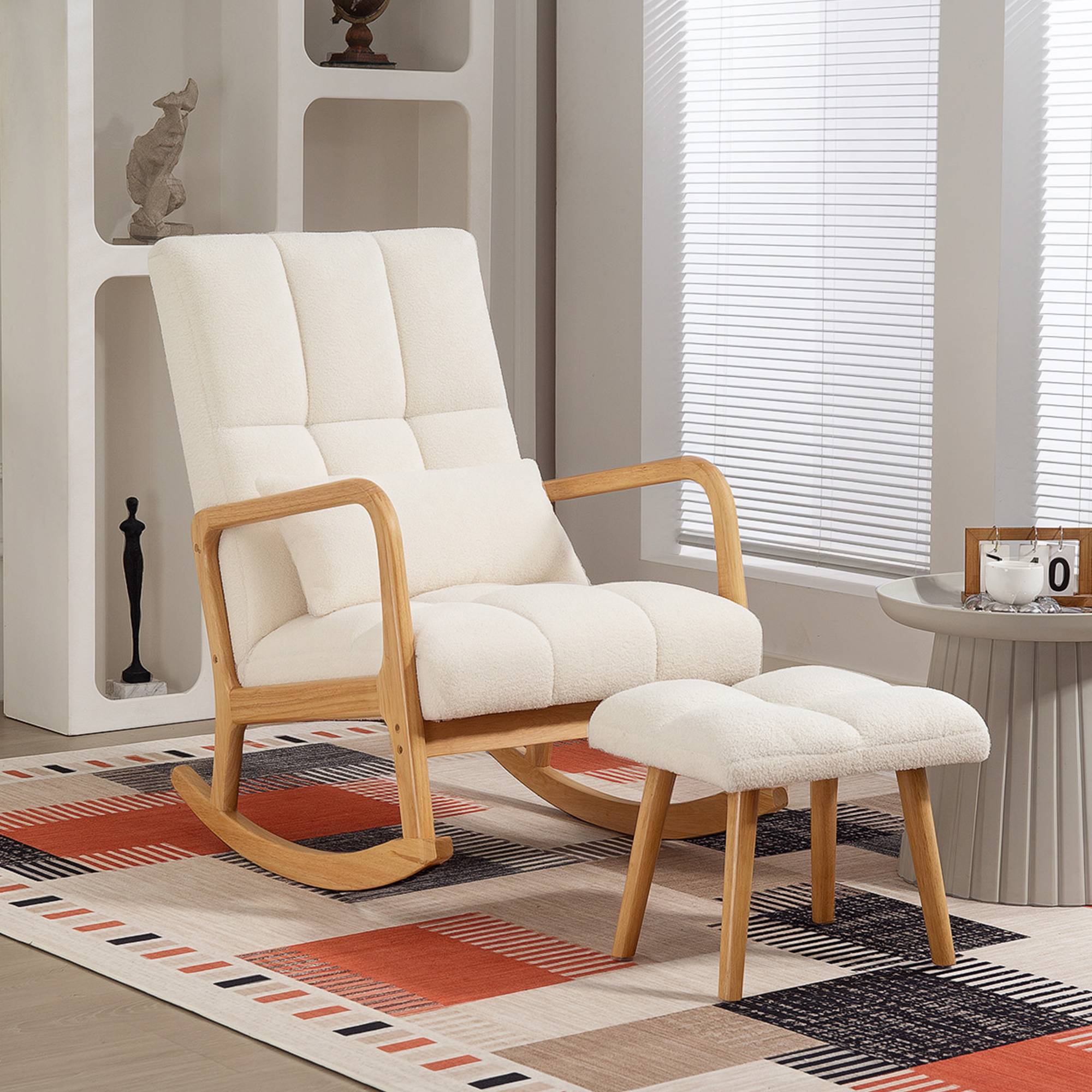 Fauteuil à bascule avec repose-pieds, rocking chair en tissu bouclette, pieds en bois, 64,5 x 82 x 89 cm, blanc - Image 10